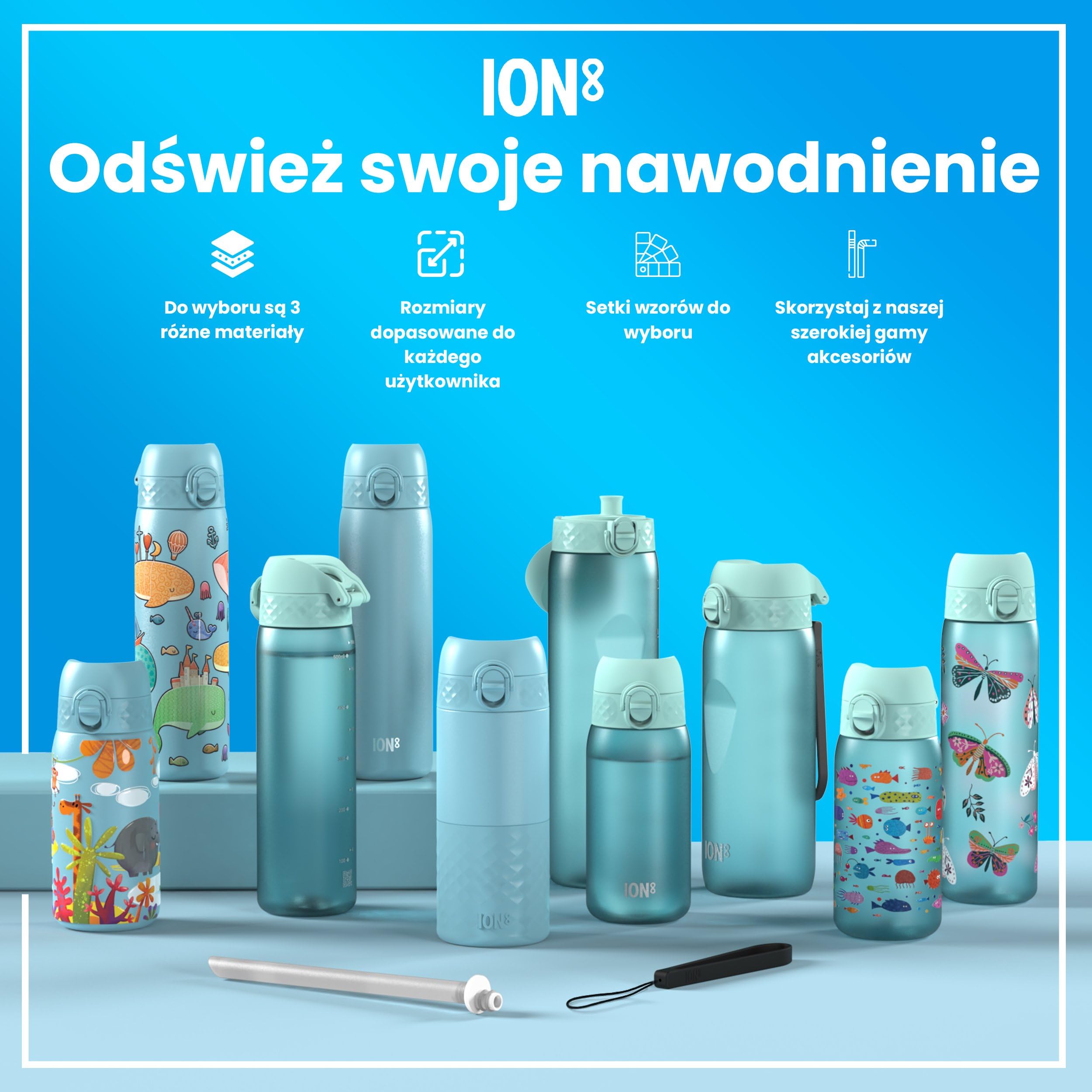 ION8 Butelka na Wodę, 500 ml/18 oz, Szczelna, Łatwe Otwieranie, Bezpieczny Zamek, Można Myć w Zmywarce, Bez BPA, Higieniczne Pokrycie, Uchwyt do Przenoszenia, Łatwa Czyszczenie, Bezwonny, Syreny