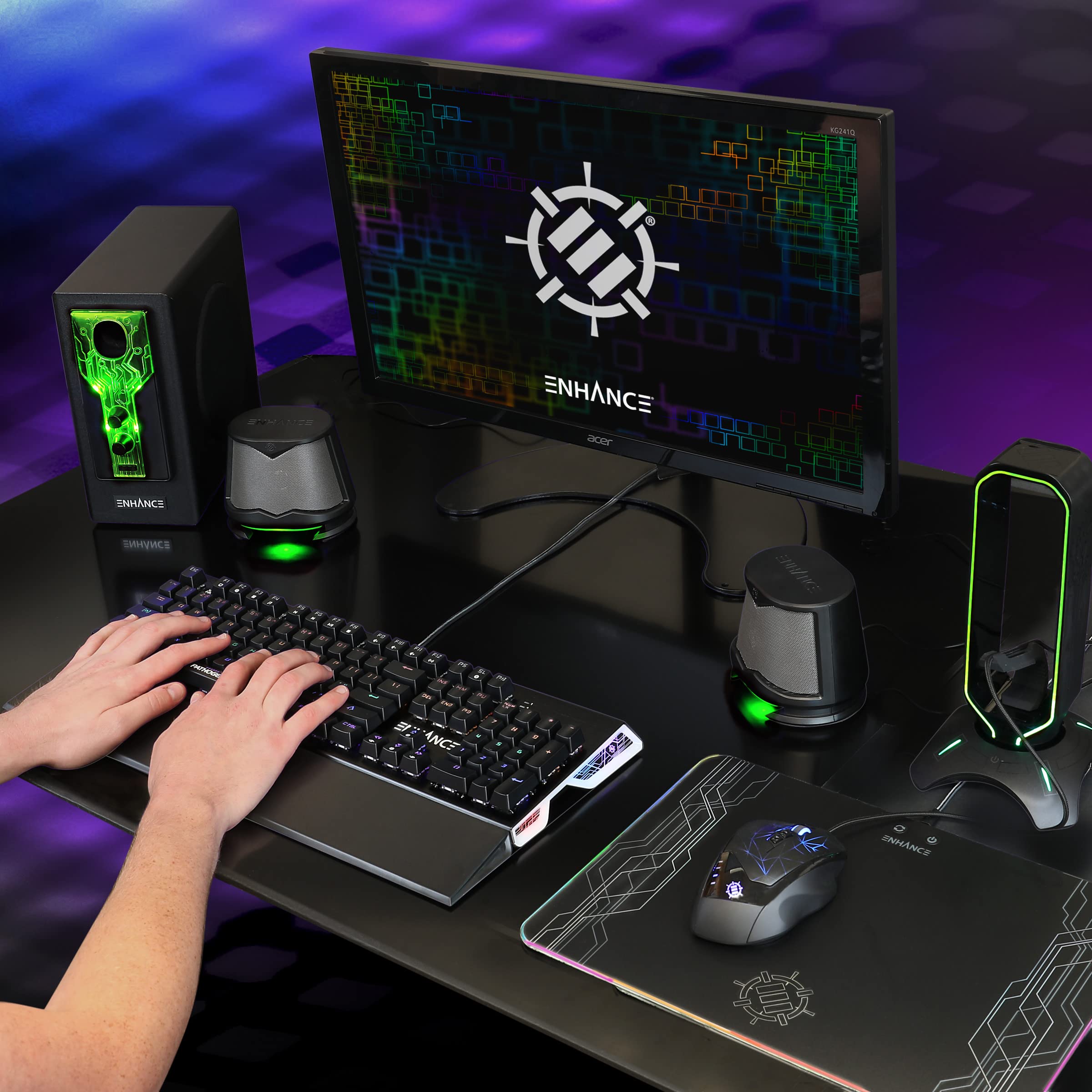 ENHANCE SB 2.1 Altoparlanti per Computer con Subwoofer - Casse Gaming con LED Verte, Sistema Audio ad Alta Escursione, con Jack da 3.5mm, Controllo Volume e Bassi, Compatibili con PC Gaming, Laptop