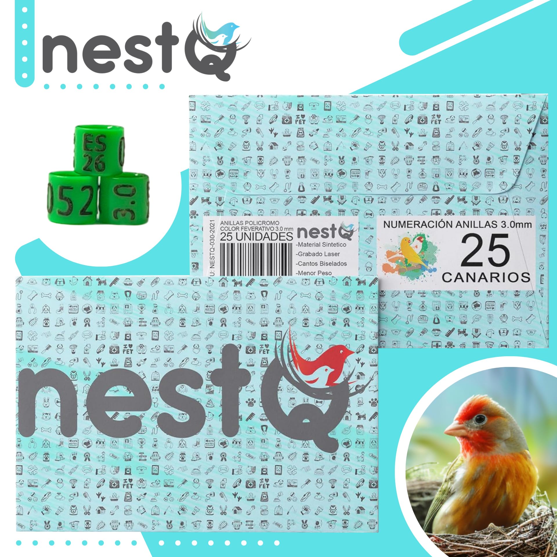 nestQ 1 Tira 25 Anillas Canarios 2026 Color Verde Federativo Policromo Grabado Laser Cerradas 3mm Numeradas con Año Marcado — view 4
