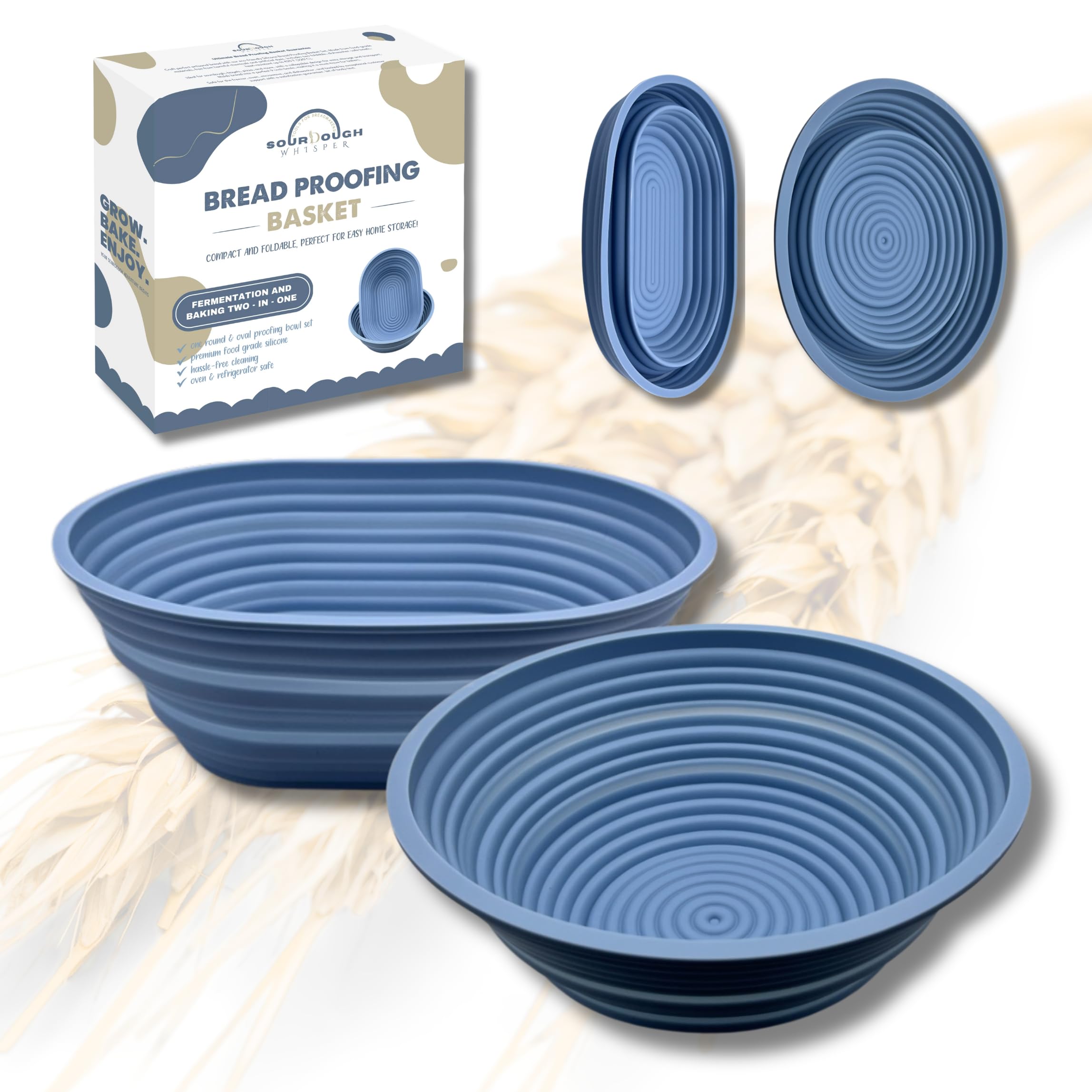 Premium Silicone Sourdough Bread Proofing & Baking Basket Set - Includes Oval & Round Foldable Bowls (9.5 Inch) - Oven & Dishwasher Safe, Gifts for Artisan Bakers - Blue
