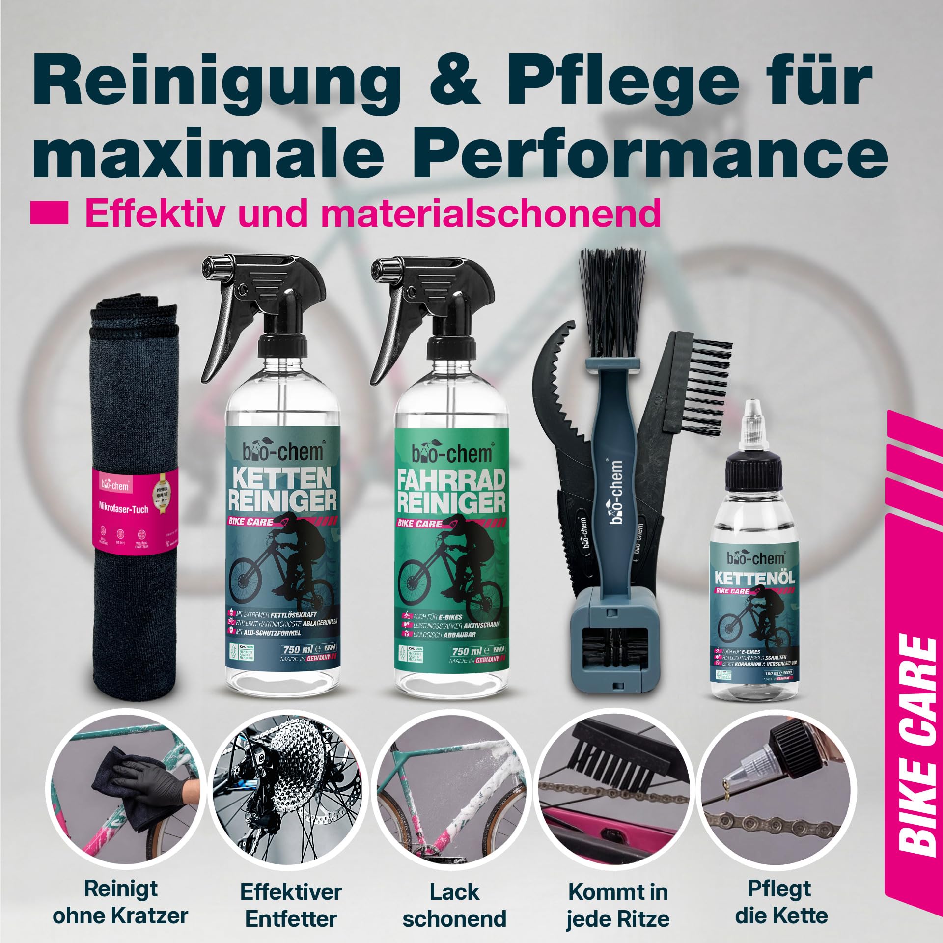 Bio-Chem - Zestaw 7 produktów do czyszczenia roweru - Środek do czyszczenia ram rowerowych - Środek do odtłuszczania łańcucha - Olej smarujący - 3 szczotek do czyszczenia + szczotka rowerowa