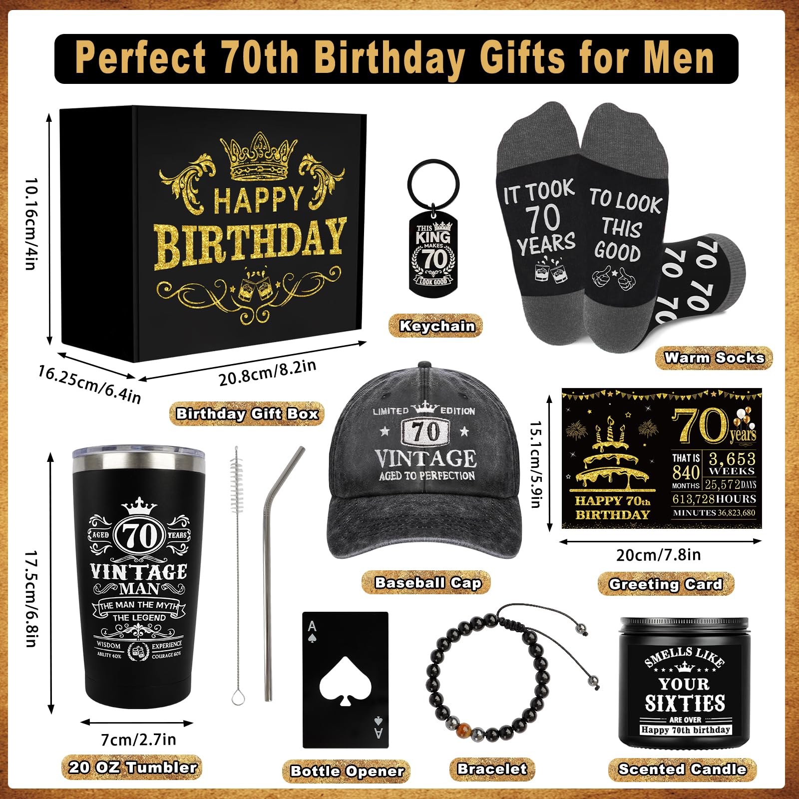 70th Birthday Gifts for Men - Unique Birthday Box with 20 Oz Tumbler, Baseball Cap, Socks, Bracelets, Scented Candle, Happy 70th Birthday Decorations for Husband, Dad, Grandpa, Friends, Boss