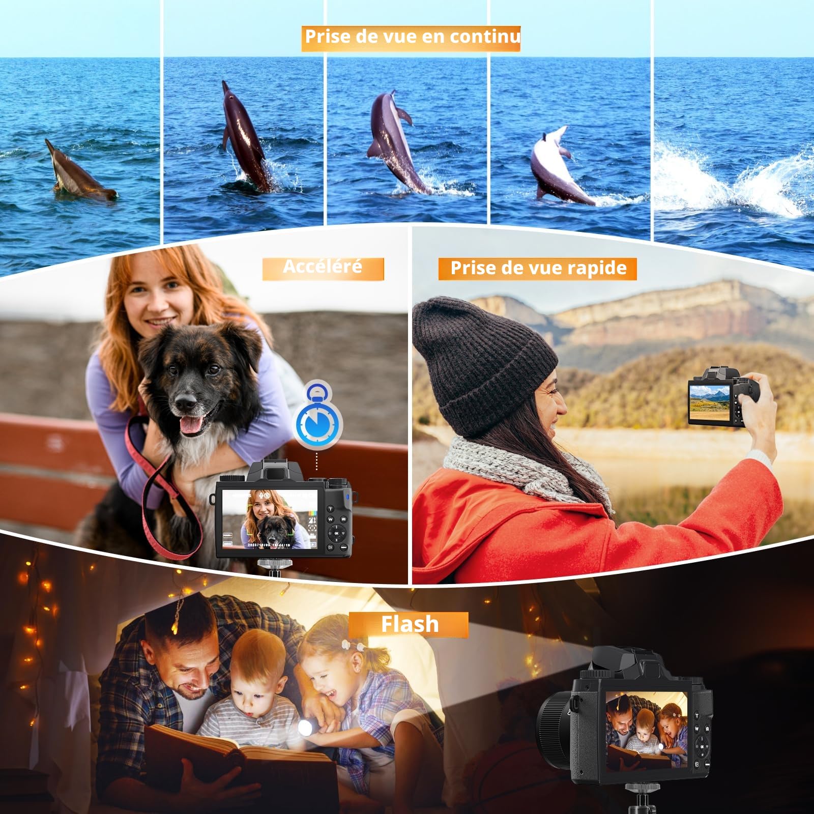 Appareil Photo numérique 4K, CCN 64MP Appareil Photo avec écran Tactile 3.0", Zoom numérique 16X, Fonction WiFi, avec Sacoche, Capuchon, Carte TF 32GB, Objectif Unique, Noir
