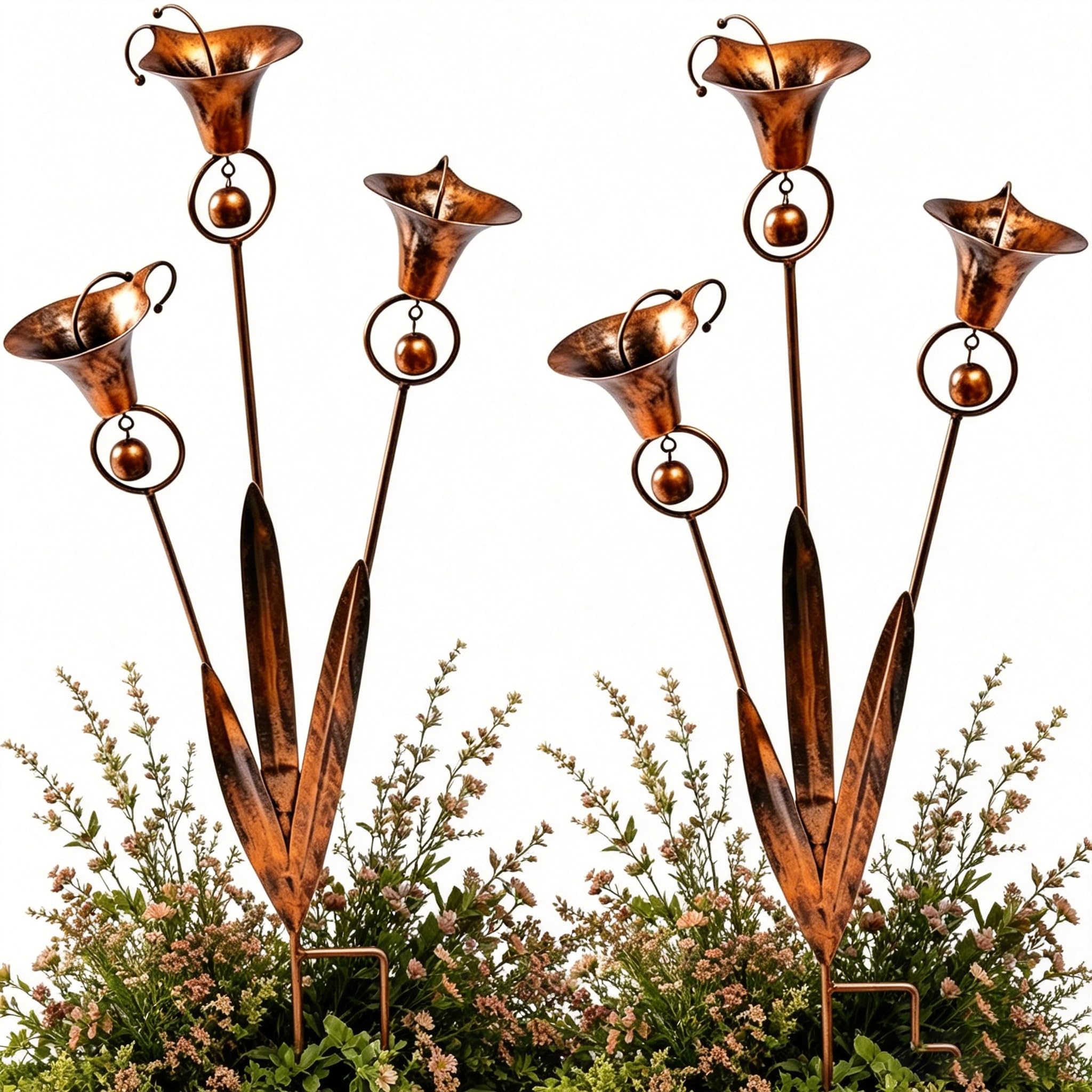 Flamed Copper Three Calla Lilies Garden Stake with Bells, Handmade Metal Plant Sculpture Outdoor Yard Art, Rustic Rain Catcher Wind Bell Stake for Lawns Patios & Garden (2PCS)