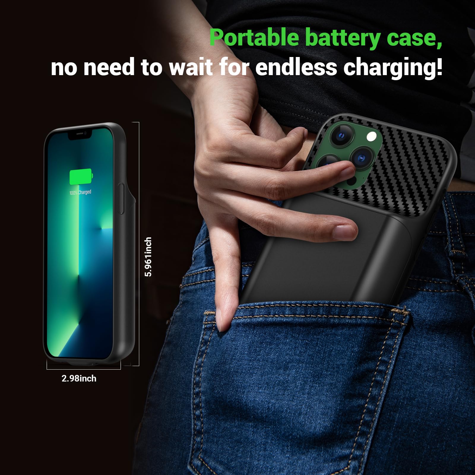 Akkuhülle für iPhone 13, 13 Pro, 14 (6.1 Zoll), 13800mAh Tragbare Ladebatterie Zusatzakku Externe Handyhülle Batterie Wiederaufladbare Schutzhülle mit Panzer Schutz Glas Folie