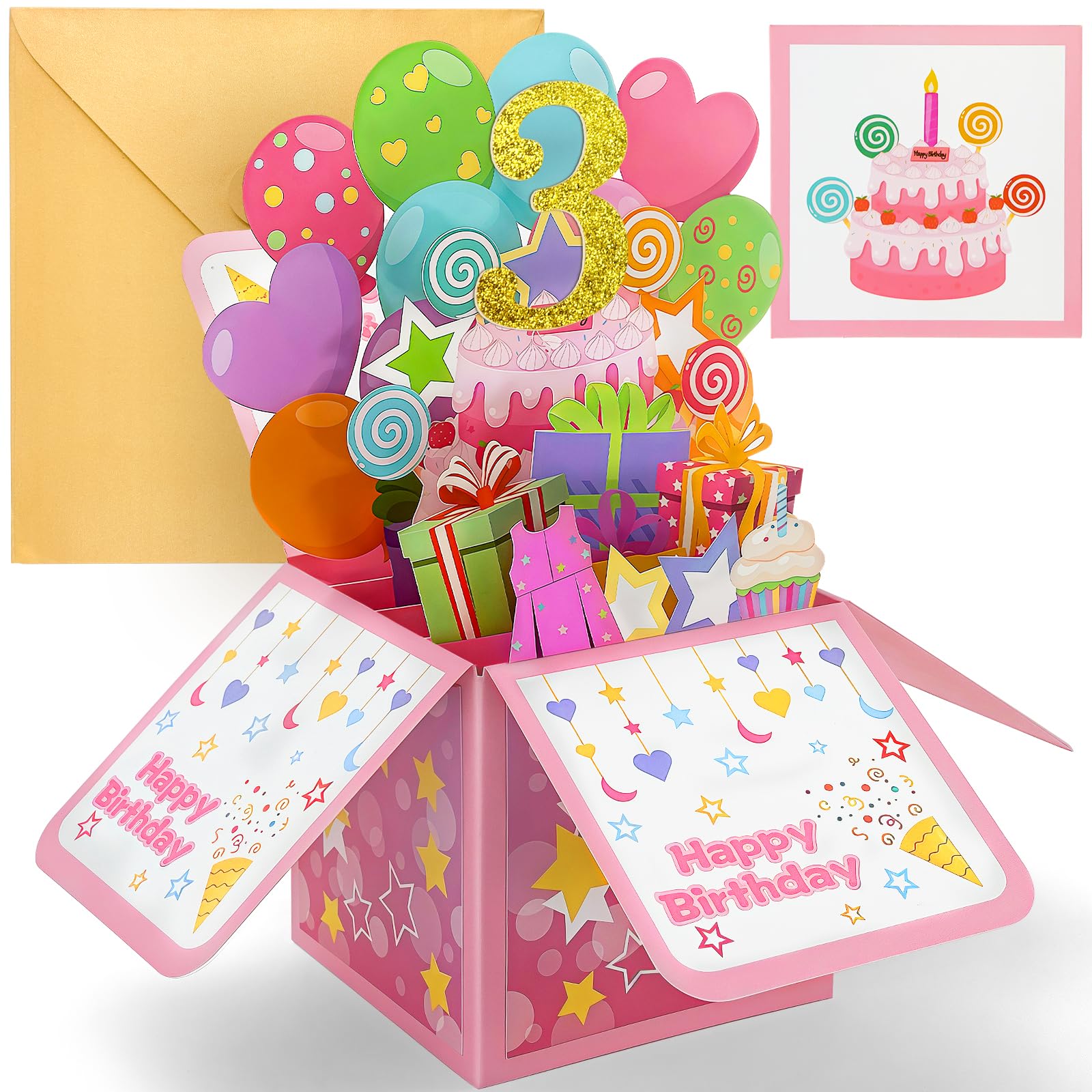 YianHien 3rd Birthday Card, 3D Pop Up Birthday Card for 3 Year Old Girl Granddaughter Niece Daughter, 3rd Birthday Decorations Gifts for Girl