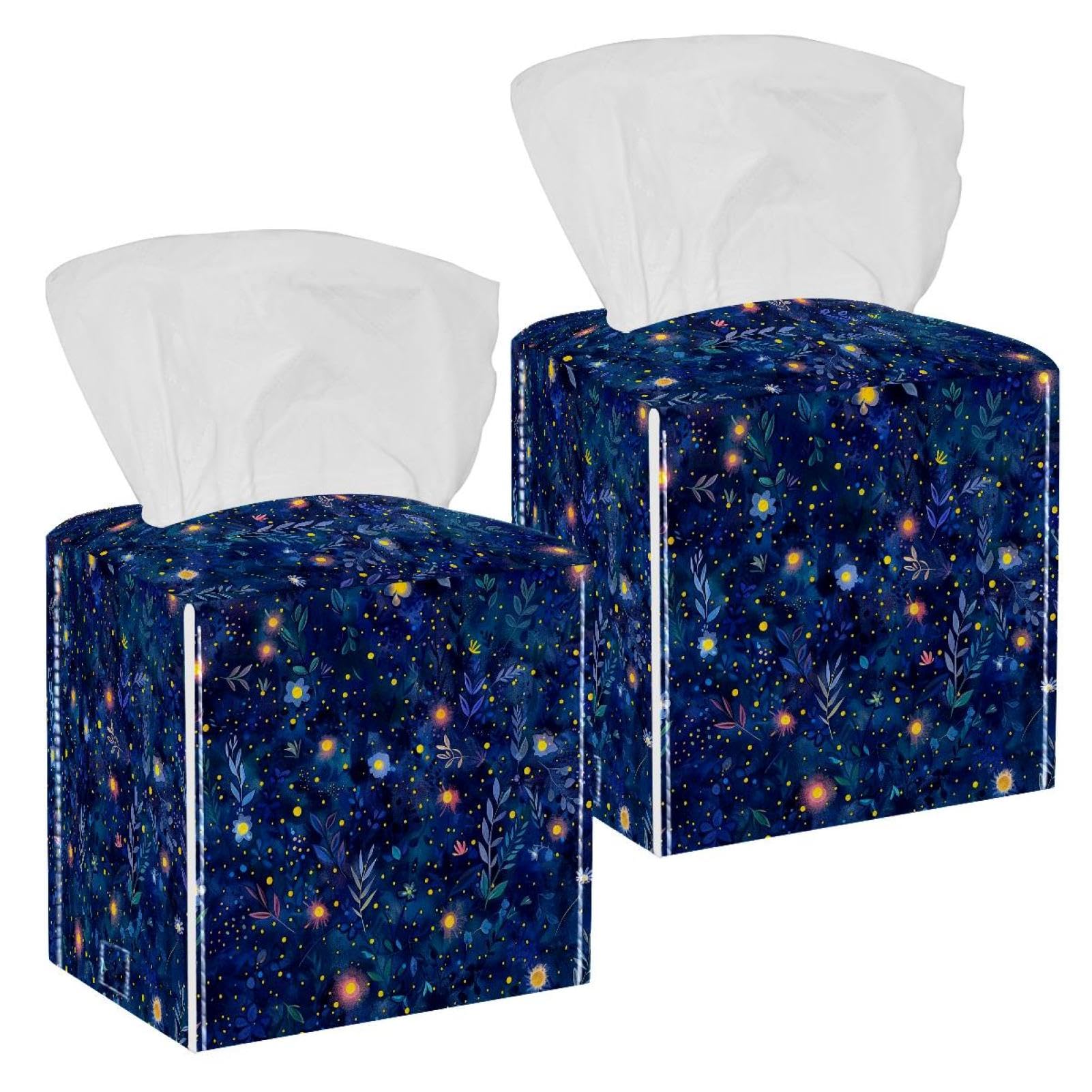 Fireflies Plants Glow Tissue Box Cover, 2 Pack PU Leather Square Facial Tissue Dispenser Box holder for Home Office Car