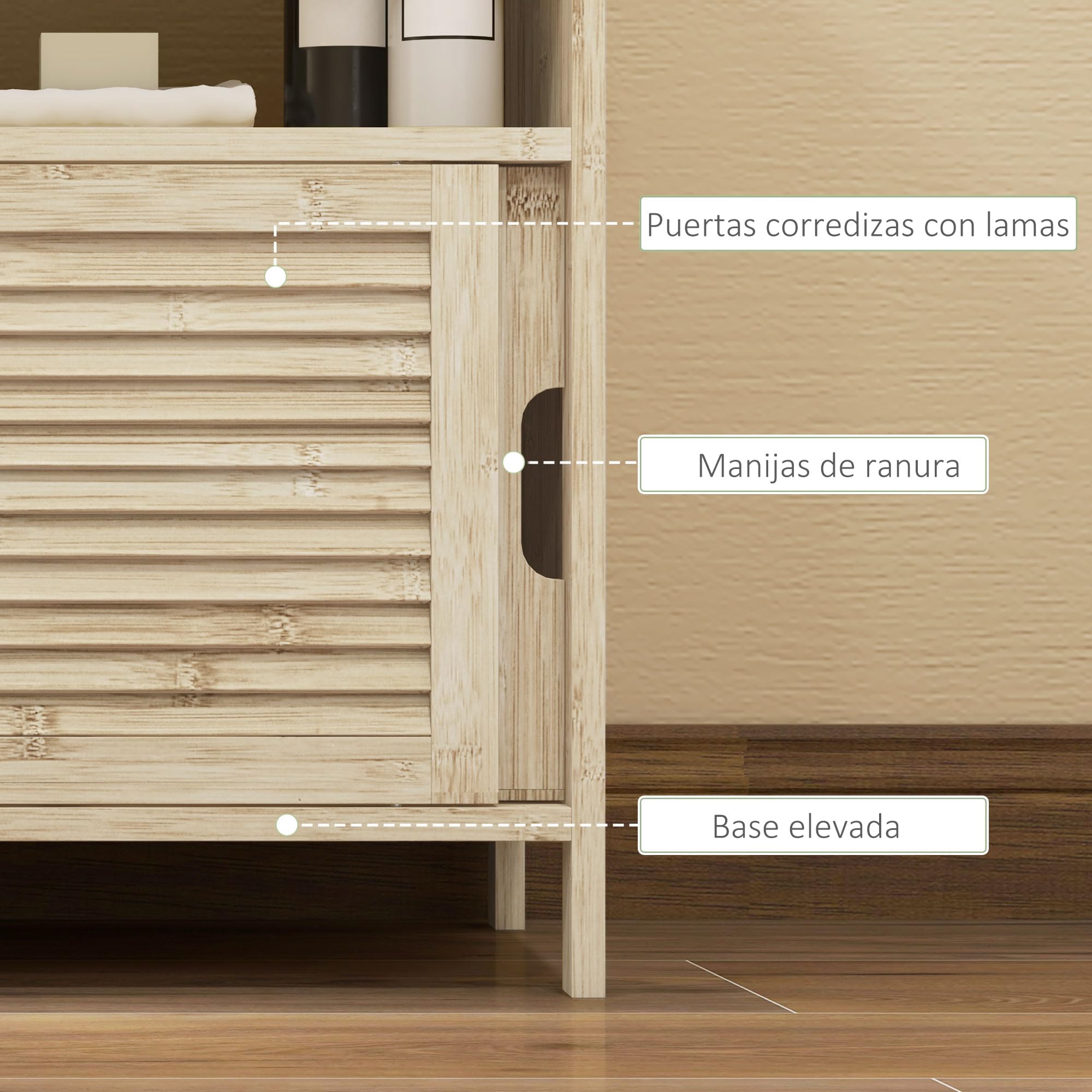 HOMCOM Mueble Bajo Lavabo de Bambú, Armario Debajo de Lavabo con Puertas Correderas de Lamas, Compartimento Abierto, Estilo Moderno, 60x30x60 cm, Natural