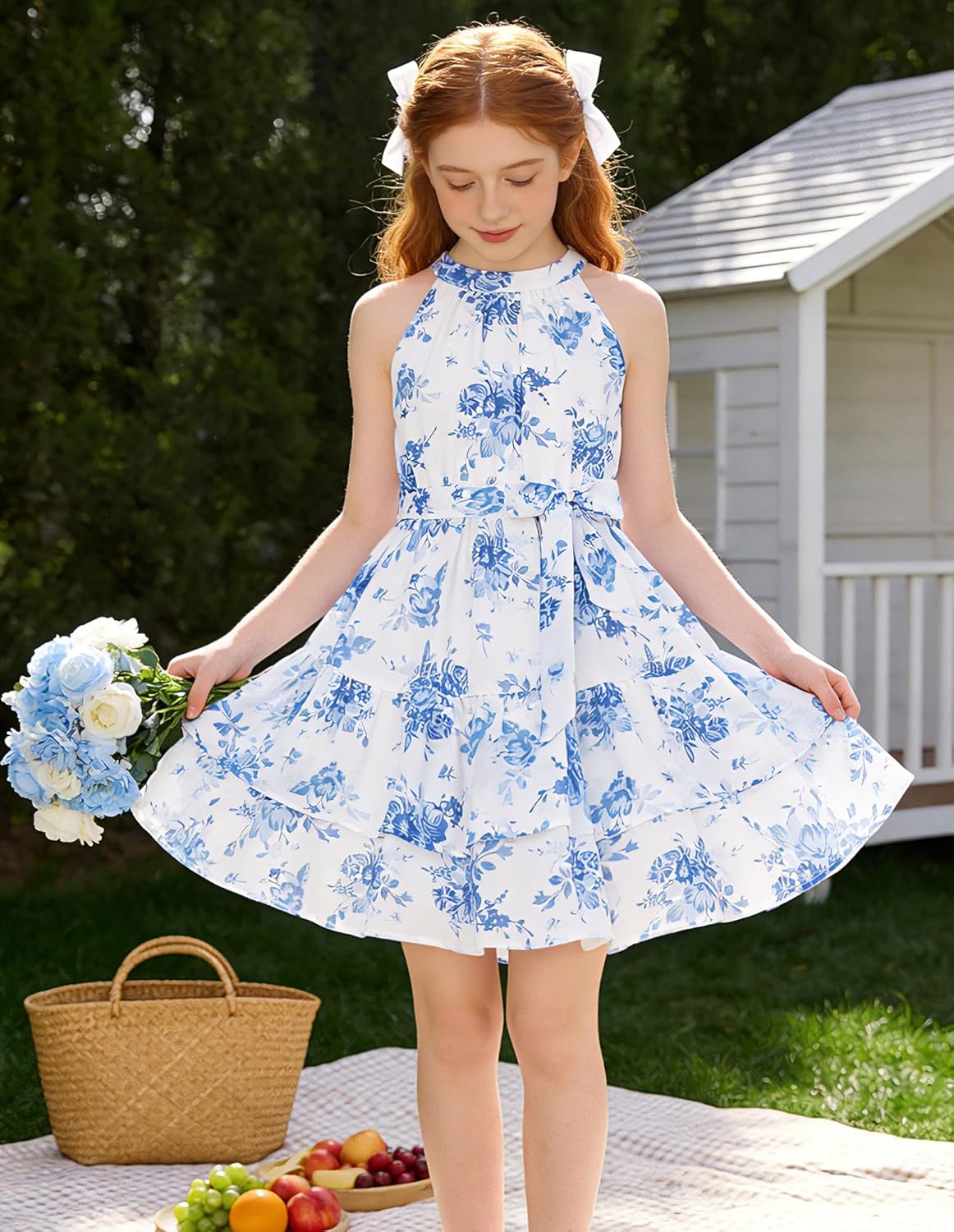 GRACE KARIN Girls Summer Beach Dress Floral Hawaiian Halter Chiffon Party Wedding Vacation Sundress 7-14Y - Image 4