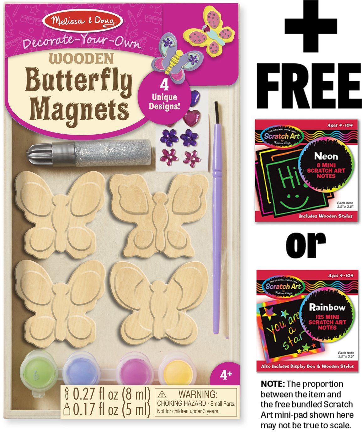 Melissa & Doug Wooden Butterfly Magnets: Decorate-Your-Own Kit & 1 Scratch Art Mini-Pad Bundle (09515)