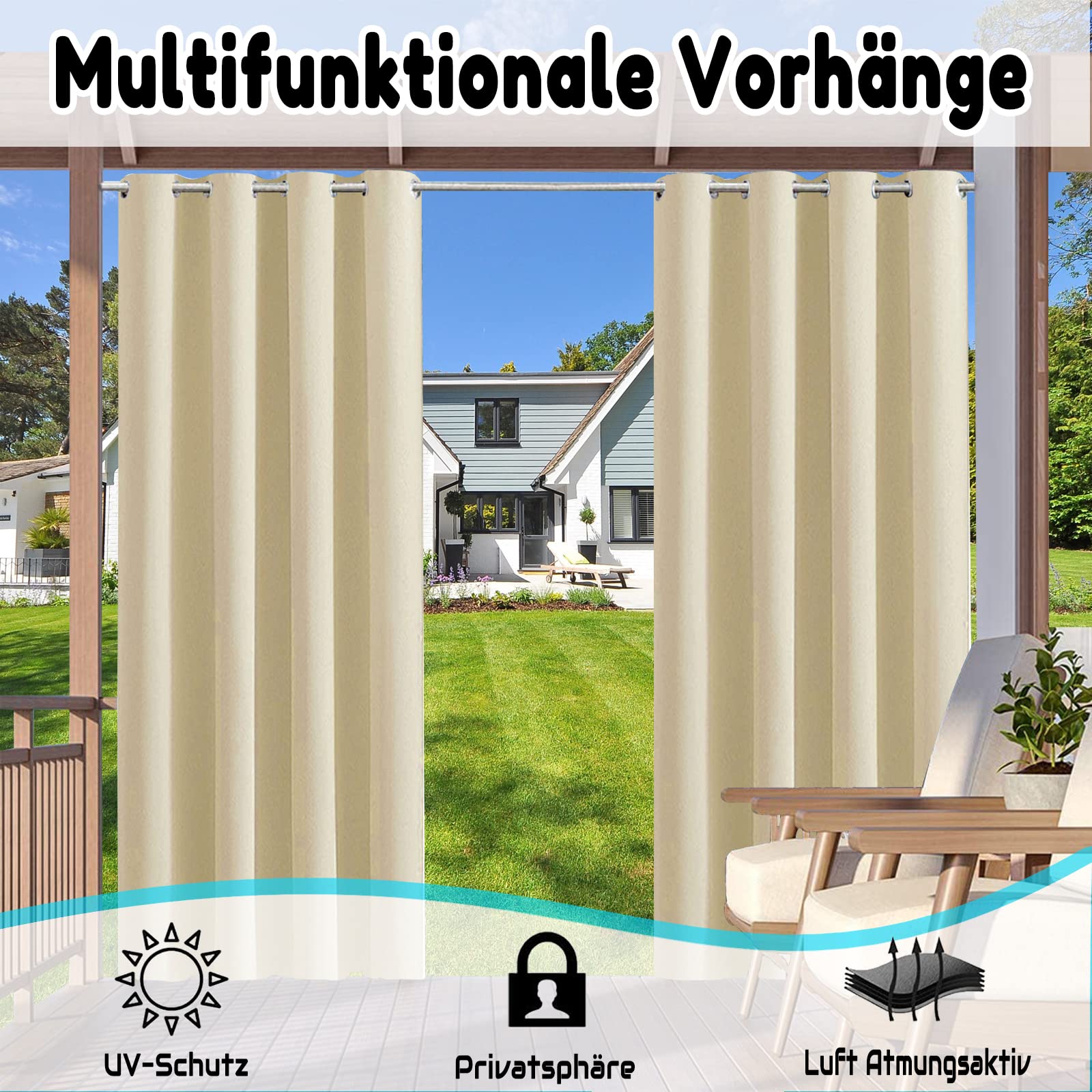 Outdoor Vorhang Wetterfest, 1 Stück Outdoor Vorhang Wasserdicht Wetterfest Blickdicht mit Ösen, 24 Farben Sichtschutz Sonnenschutz Outdoor Gardine für Veranda, Pergola, Laube, B213xH213CM