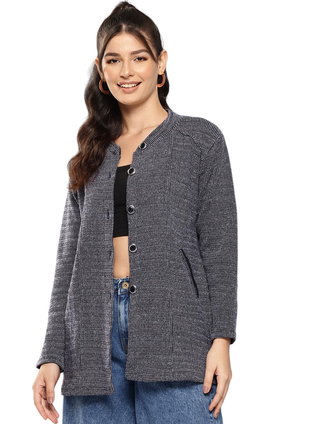 womens winter wear black colour solid woolen cardigan