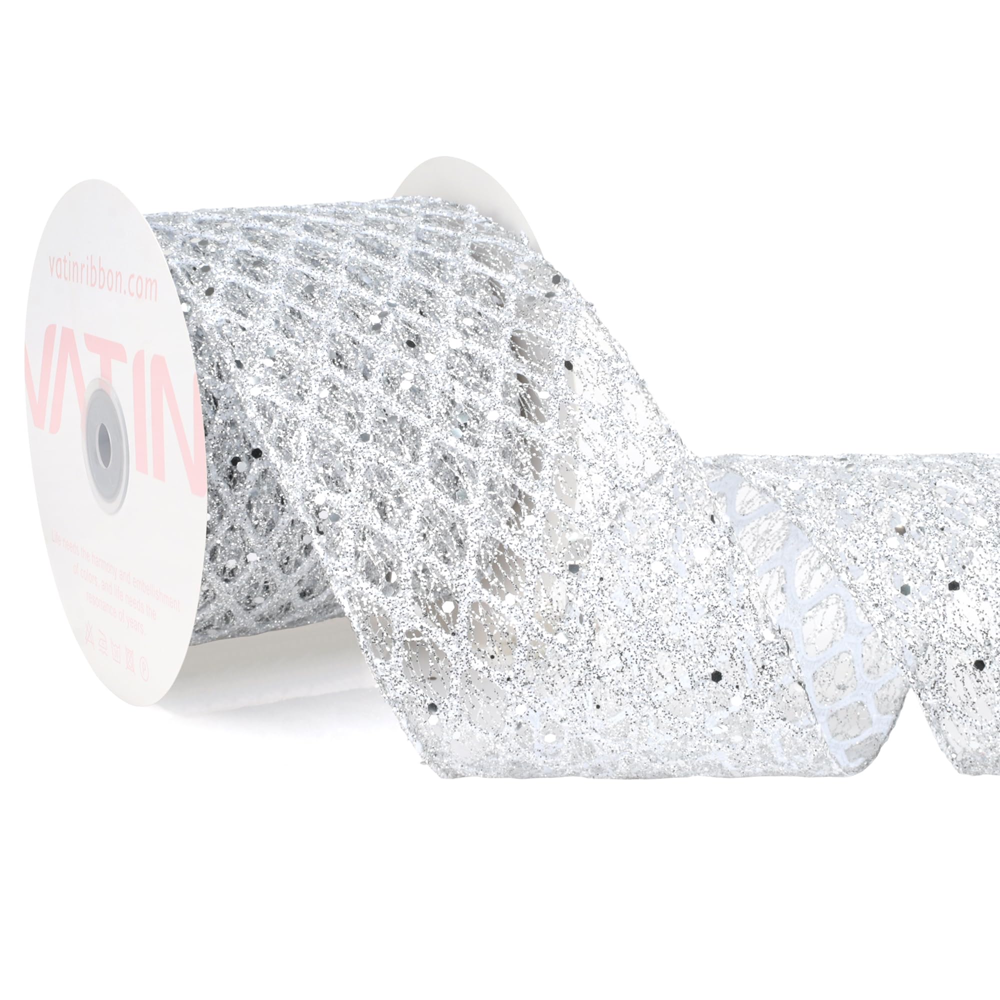 VATIN Silver Wired Glitter Ribbon 10cm x 9 Metres for Christmas Decorations, Wreath Supplies, Tree Bow, Crafts - Sparkle