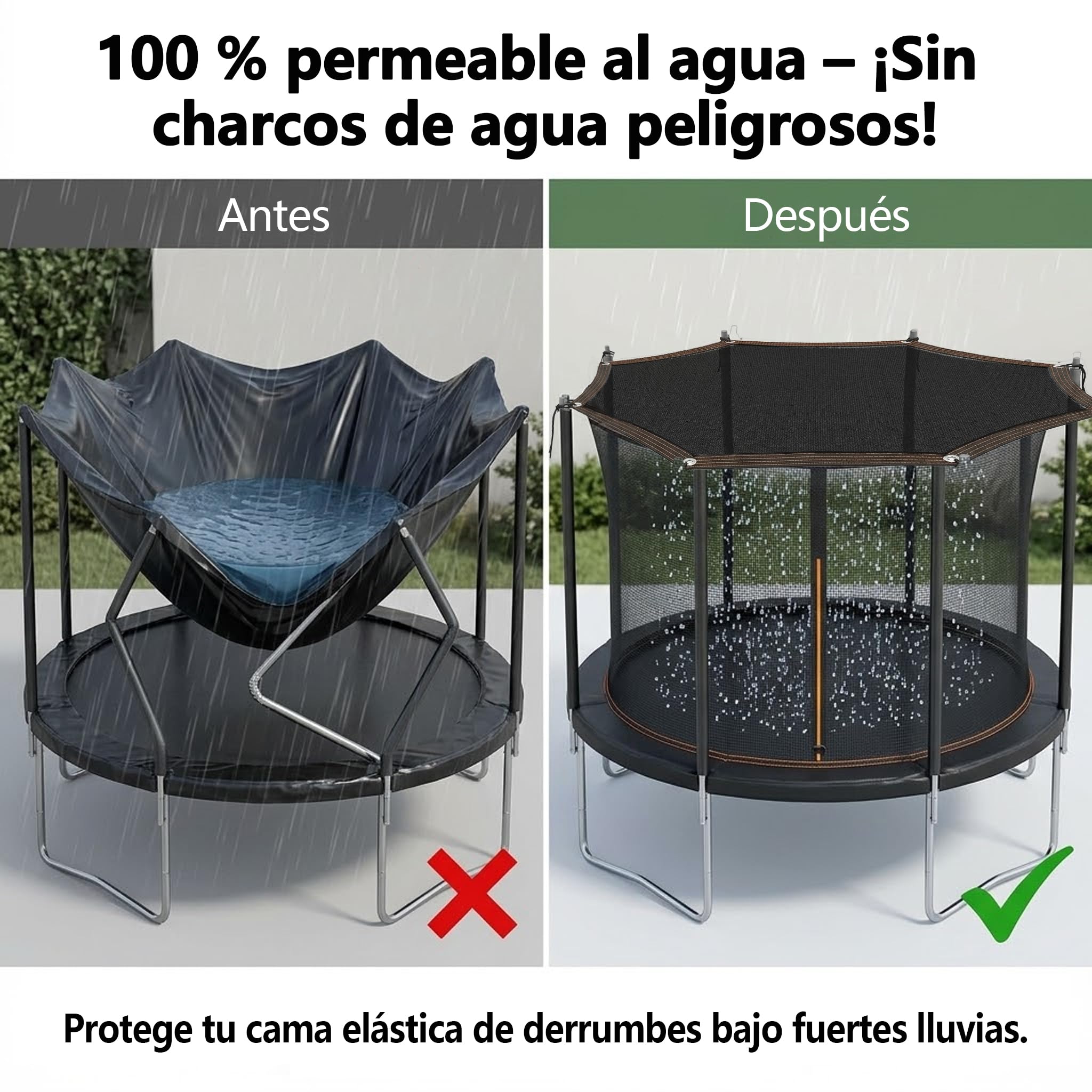 Trampolín de protección solar de 305 cm (10 pies), toldo octogonal de polietileno de 80 g/m² para 8 barras, techo protector permeable al agua (diagonal de 305 cm/distancia lateral 280 cm) para