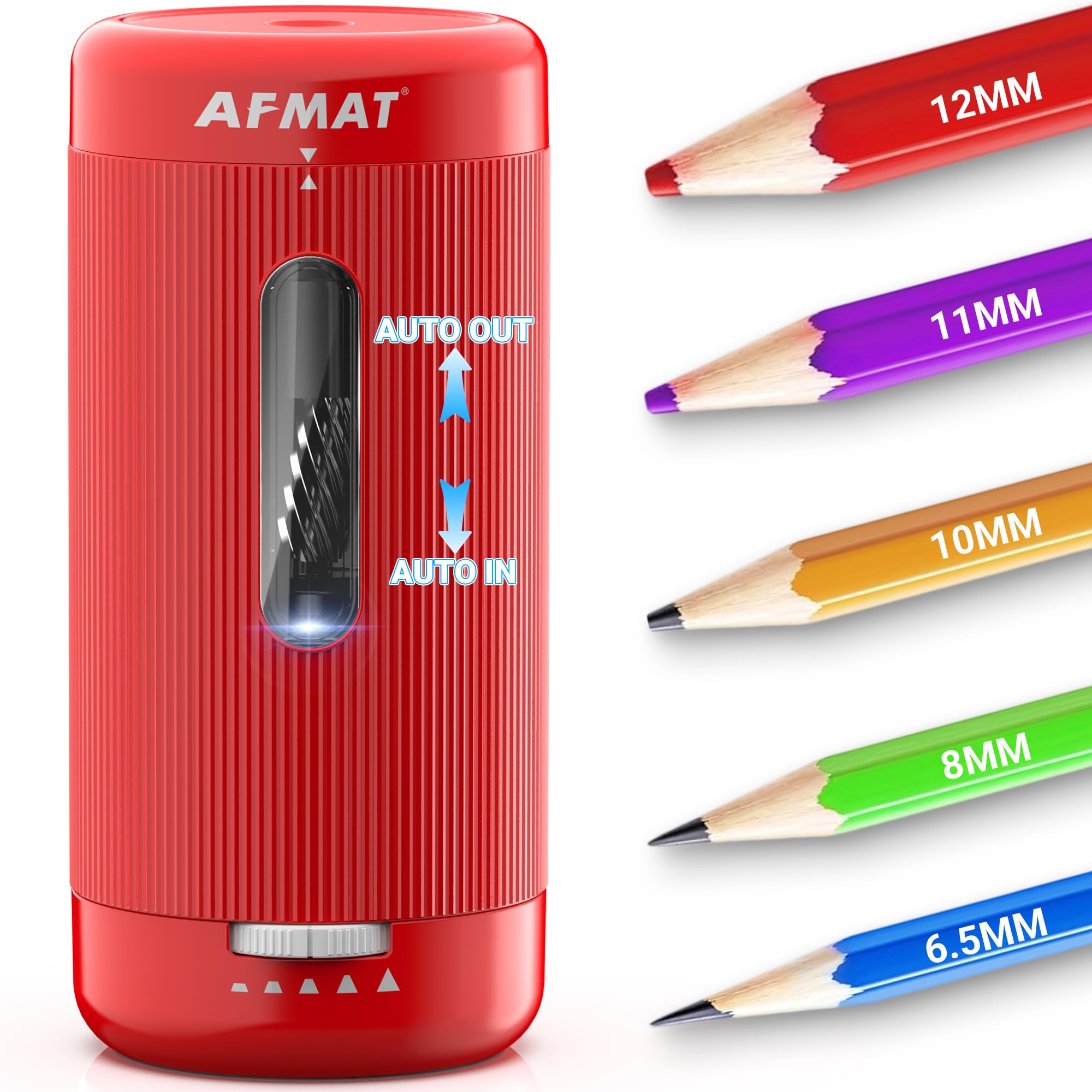 AFMAT Fully Automatic Electric Sharpener, Rechargeable Pencil Sharpener, Electric USB and Battery, Adjustable Tip Sharpener, Thickness and Thin Pens, 6.5-12 mm, Car in Out & Stop, Schools Offices, Red
