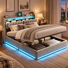 Double Bed Frame with Storage, 4ft6 Ottoman Bed 135x190cm with Hydraulic Lift, Velvet Upholstered Bed with LED Headboard, USB & Type-C Charging, Storage Headboard, Grey, No Mattress