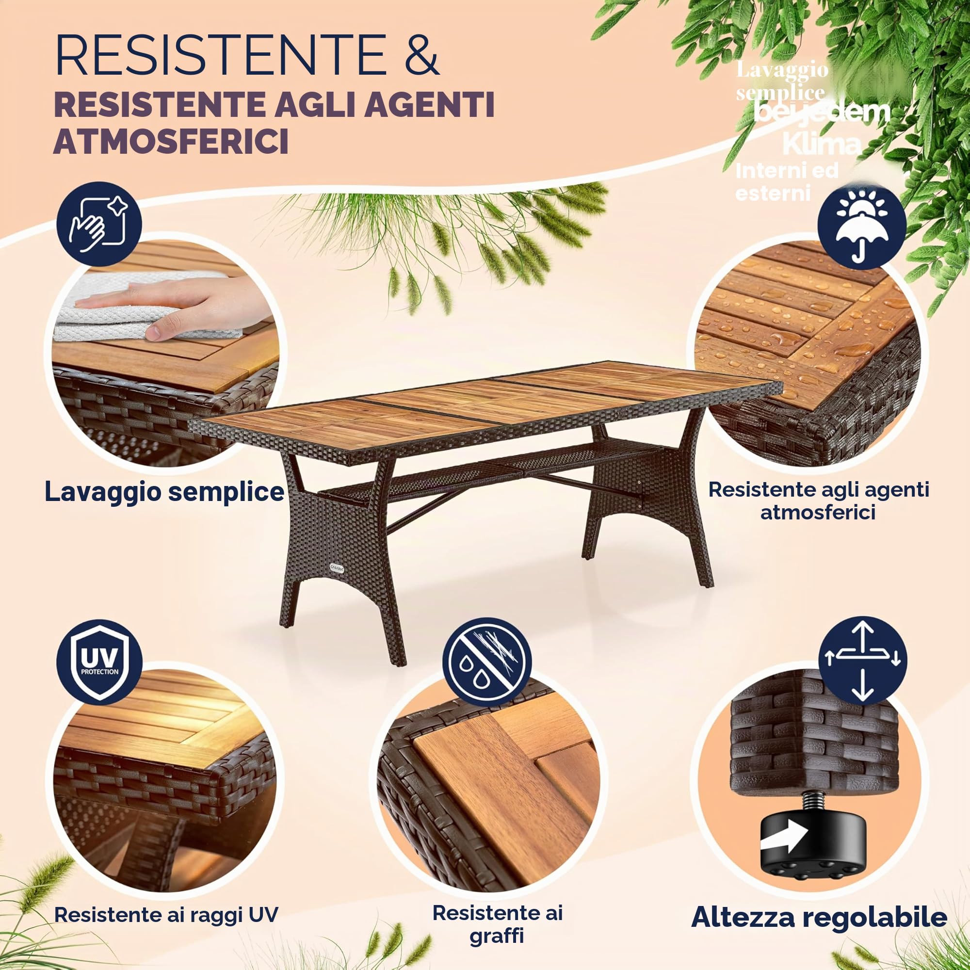 Casaria Tavolo da Giardino in Polyrattan Ripiano in Legno di Acacia 190x90x74cm Regolabile in Altezza per Esterno Pranzo Terrazza