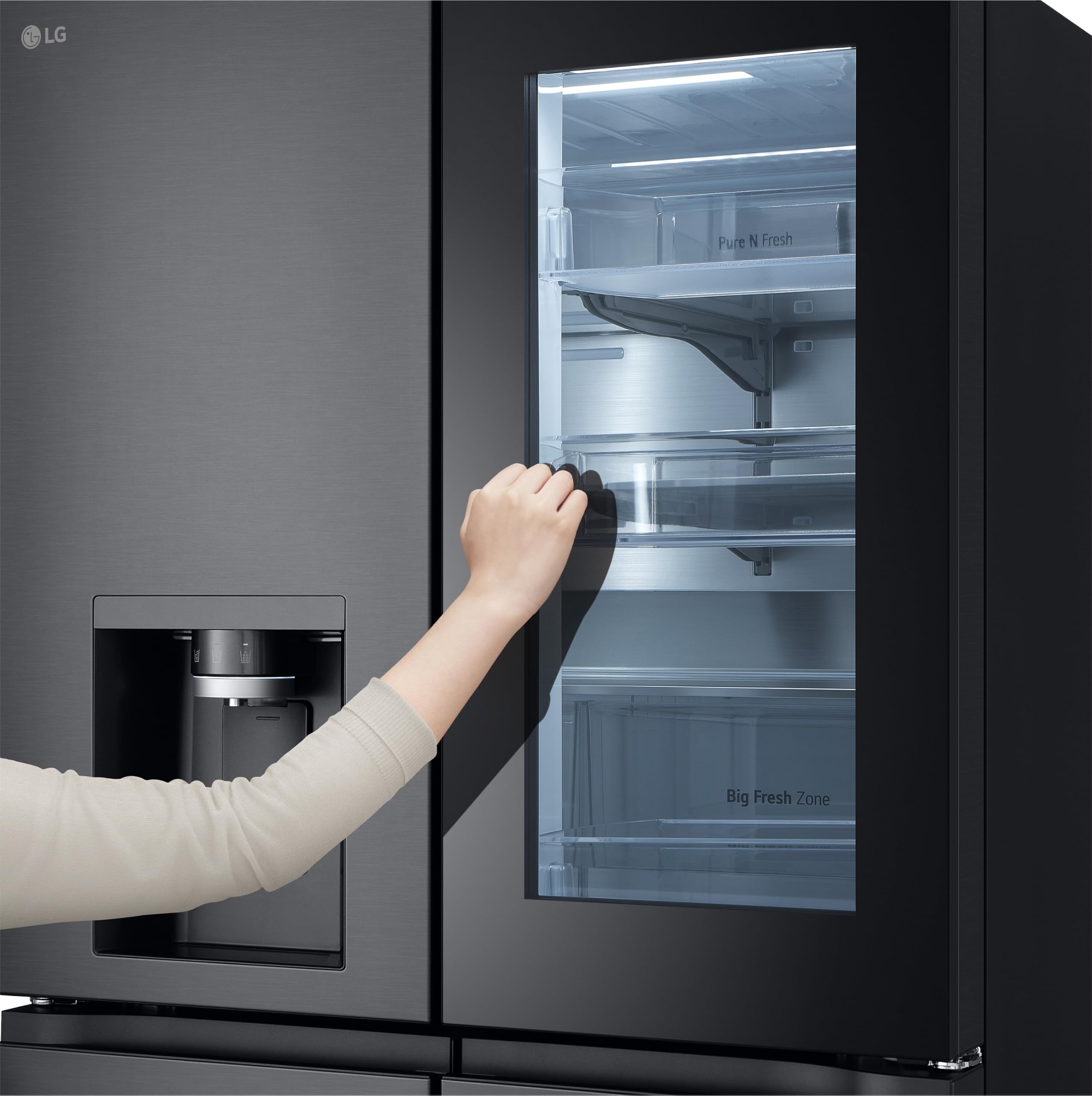 LG GMG960EVEE Multi-Door Kühlschrank mit Gefrierfach (638 L, Energieklasse E) mit InstaView und Craft Ice, Eis- und Wasserspender, Total No Frost, Silber
