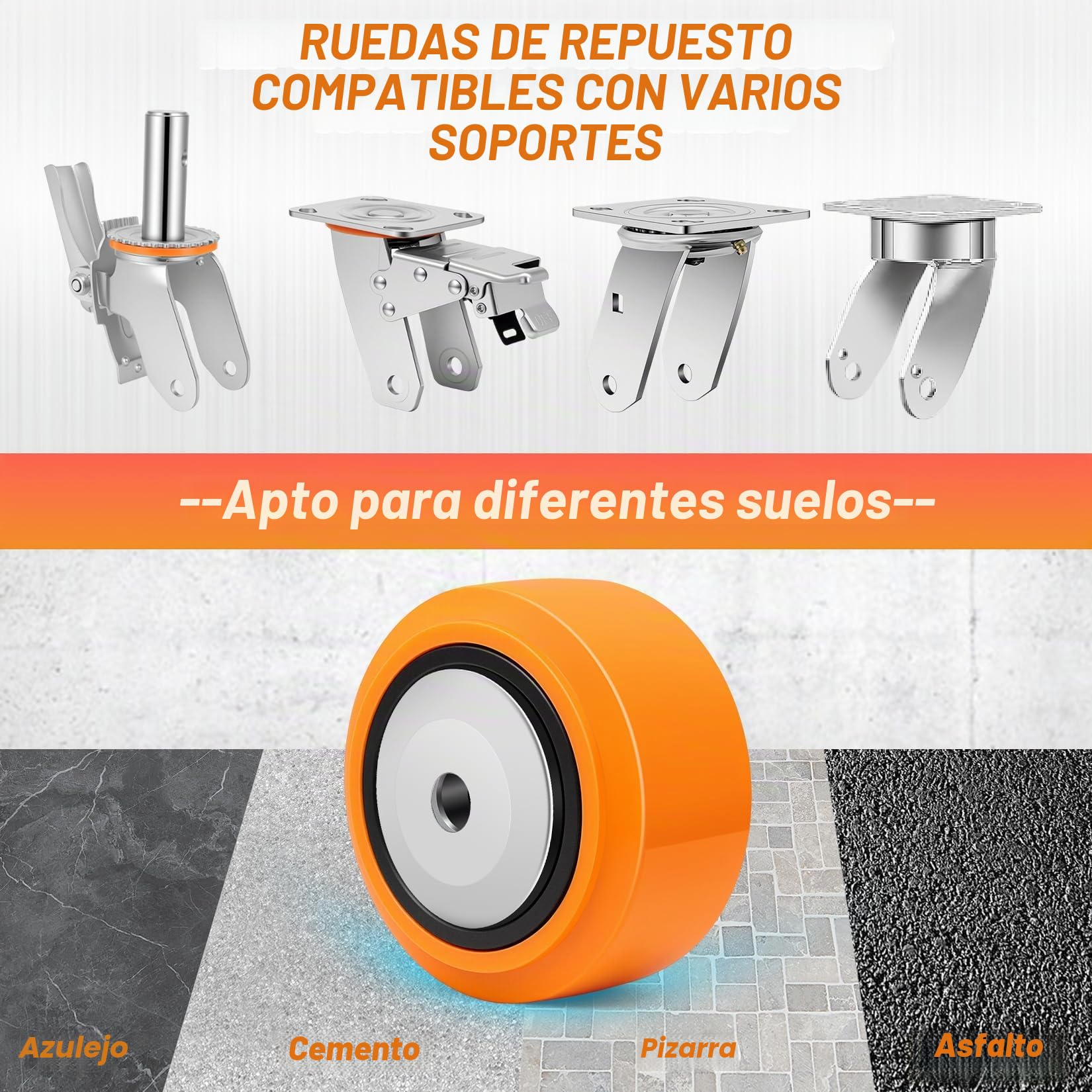 Ruedas de Repuesto 100x50 mm (4" x 2") para Cargas Pesadas, Poliuretano, Carga 1100 kg, Doble Rodamiento con Guardapolvo, Eje 12,7 mm (1/2"), para Banco de Trabajo y Carros, Juego de 4