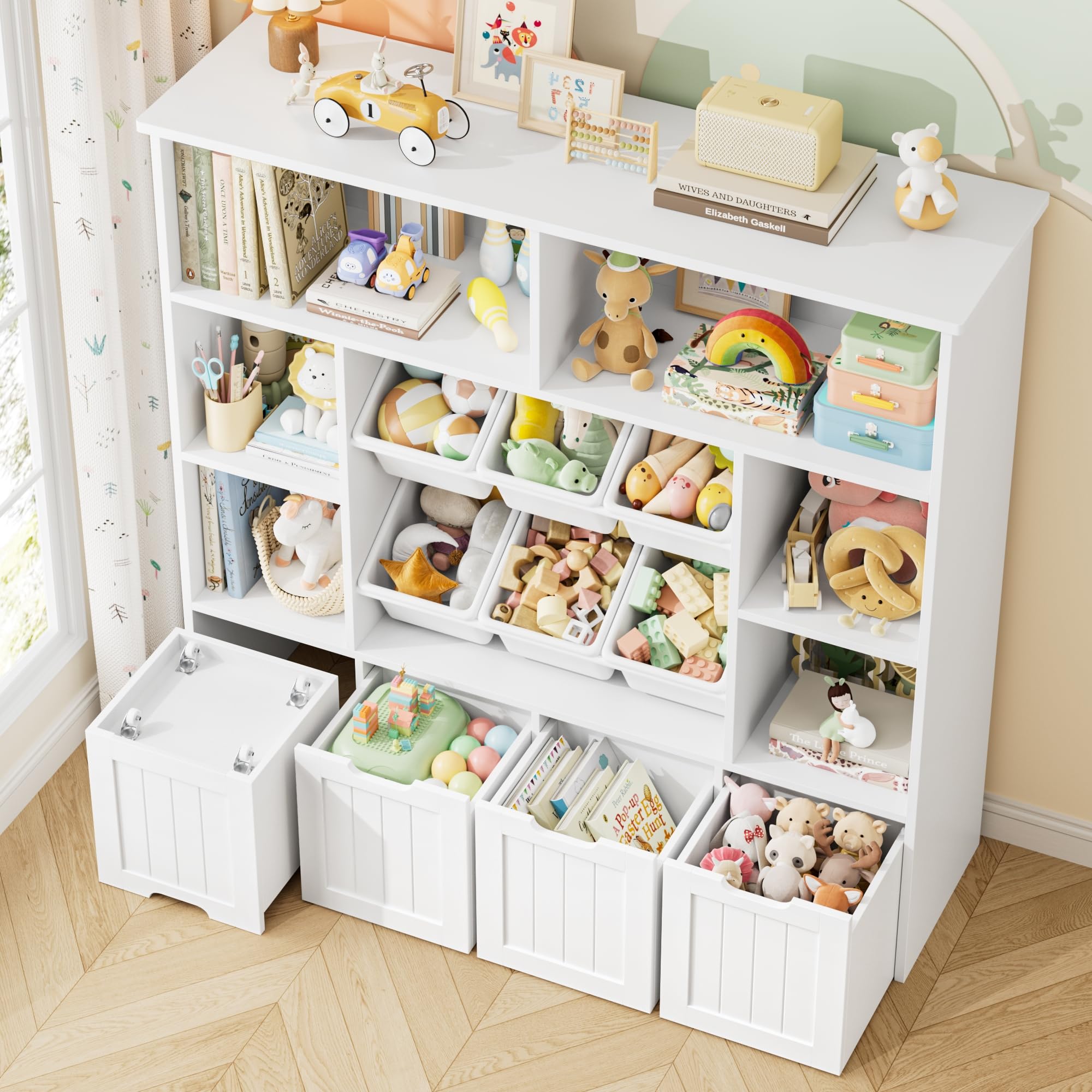 FOREHILL Meuble Rangement Enfant Bibliothèque Enfant Tiroir Roulant Blanc | Rangement jouet enfant et livres | 125x33x121cm | 7 étagères 6 boîtes amovibles | Meuble pour chambre enfant salle de jeu