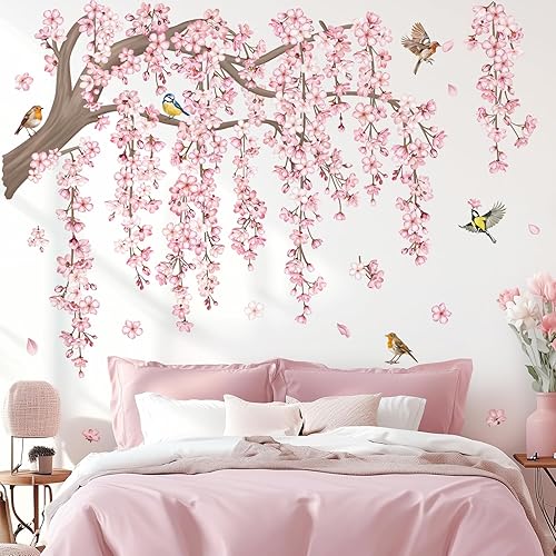 Miniatura 2 de decalmile Calcomanías de pared grandes de ramas de árbol de flores rosadas, diseño de cerezo en flor, pájaros, calcomanías de pared para sala de