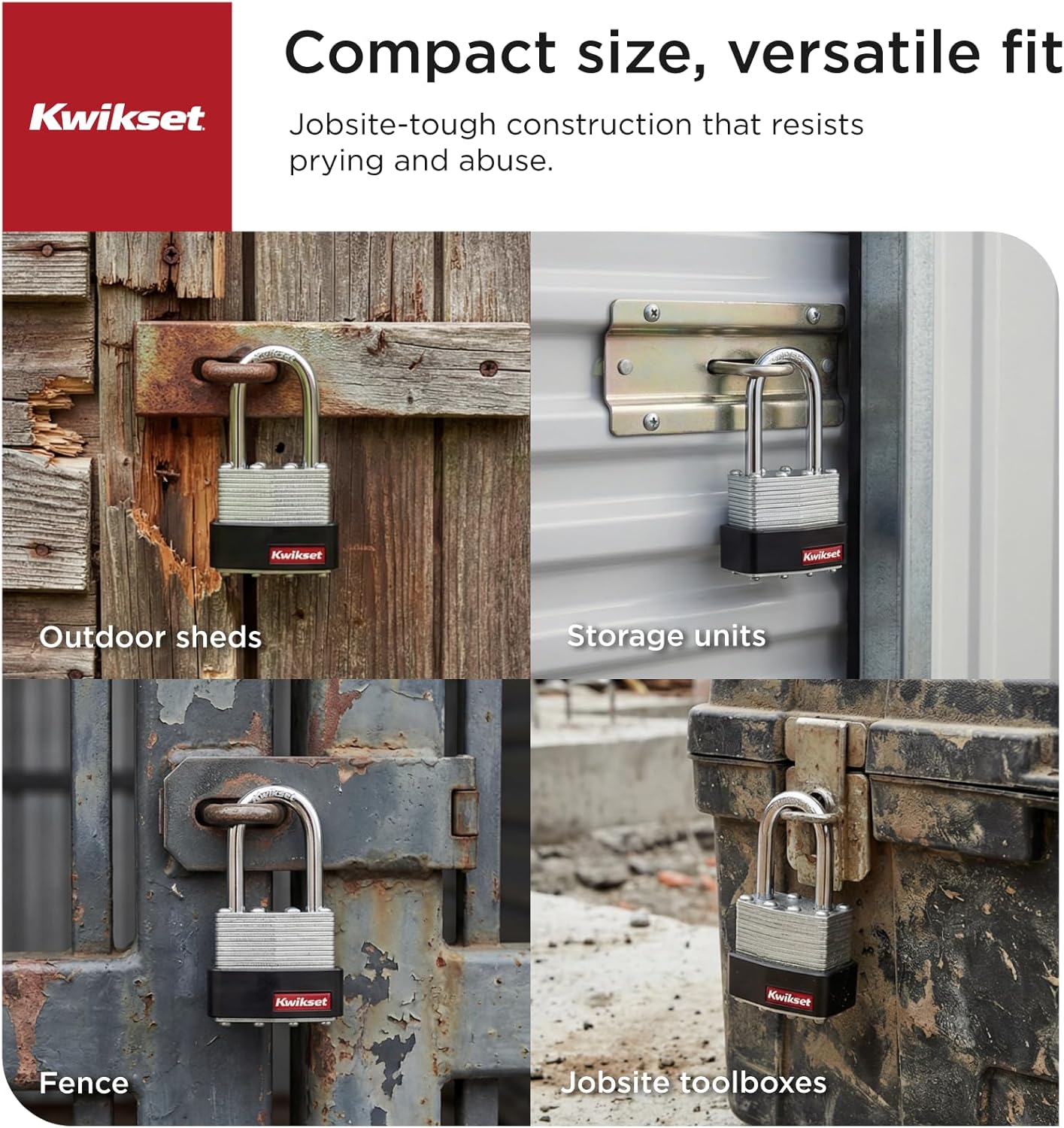Kwikset Laminated Steel Padlock with Hardened Steel Shackle, Outdoor Gate and Fence Lock, 1-9/16 in Body, 1-1/2 in Shackle, 2 Pack Keyed Alike, Silver