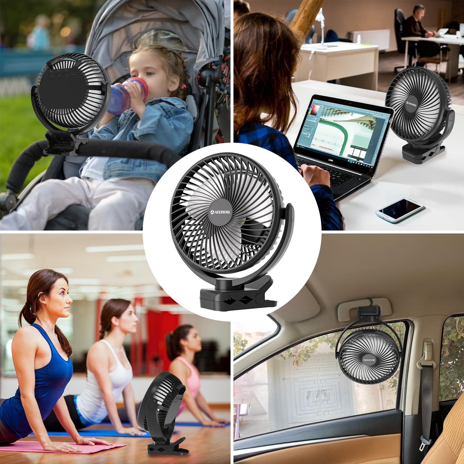 Ateroll Ventilateur de Bureau Pince 10 000 mAh Télécommande, 3 Vitesses, Batterie USB Minuterie & Lumières LED, Rotation à 360 ° Ventilateur Portable Silencieux Alimenté Piles pour Voiture, Camping