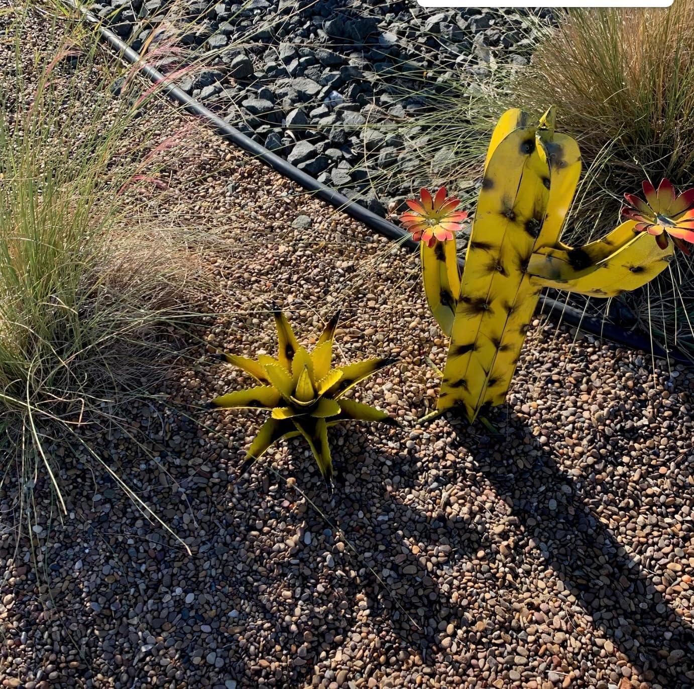 Metal Saguaro Cactus with Flowers - Garden Art (Yellow)