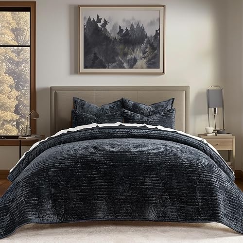 Miniatura 35 de EVERGRACE - Juego de edredón de terciopelo tamaño King, lujoso juego de ropa de cama a rayas suaves, edredón de terciopelo ligero para todas