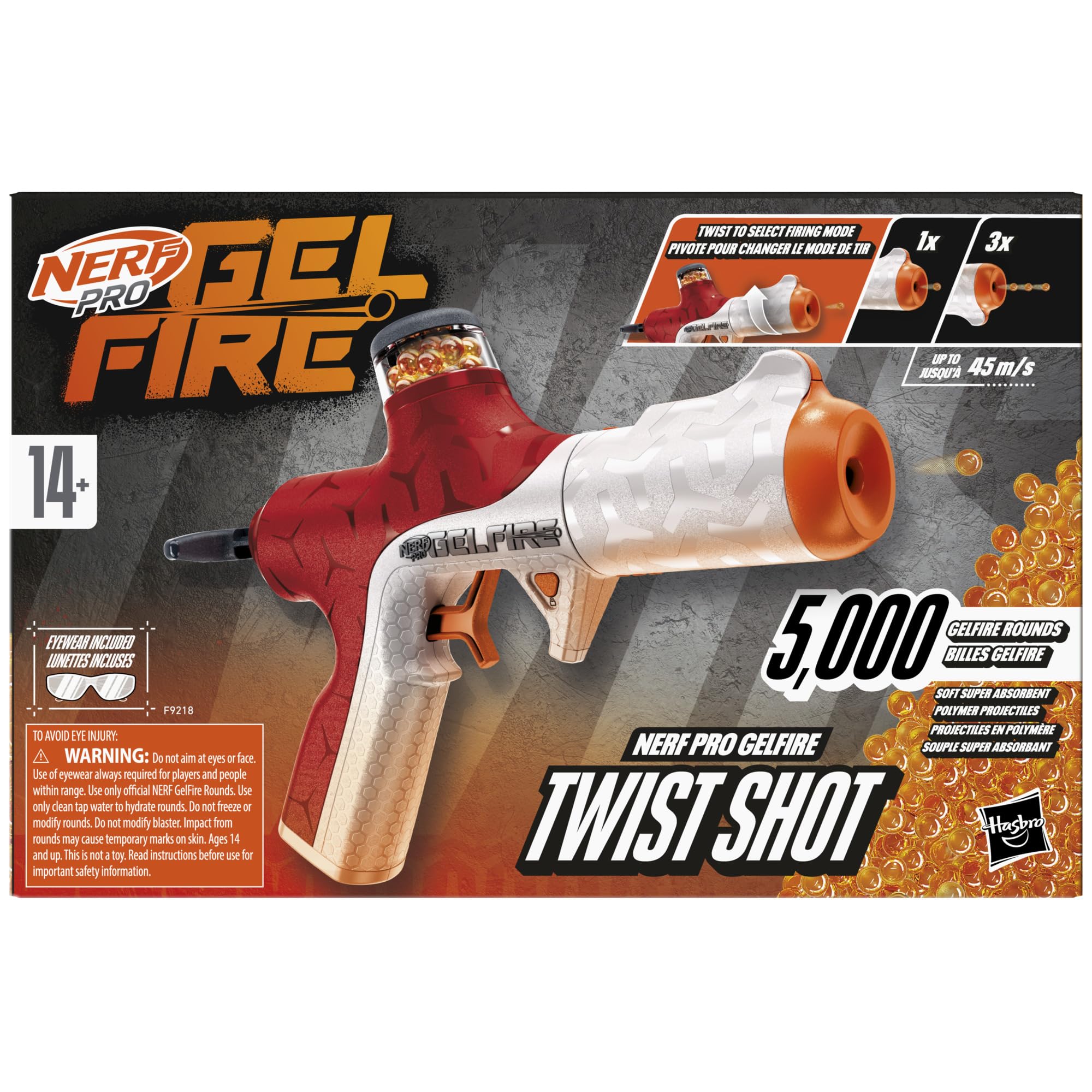 Nerf Pro Gelfire Twist Shot Blaster, 150 FPS, 5.000 cartucce Gelfire, alimentazione T-Pull, caricatore integrato da 80 cartucce, occhiali protettivi per età superiore ai 14 anni