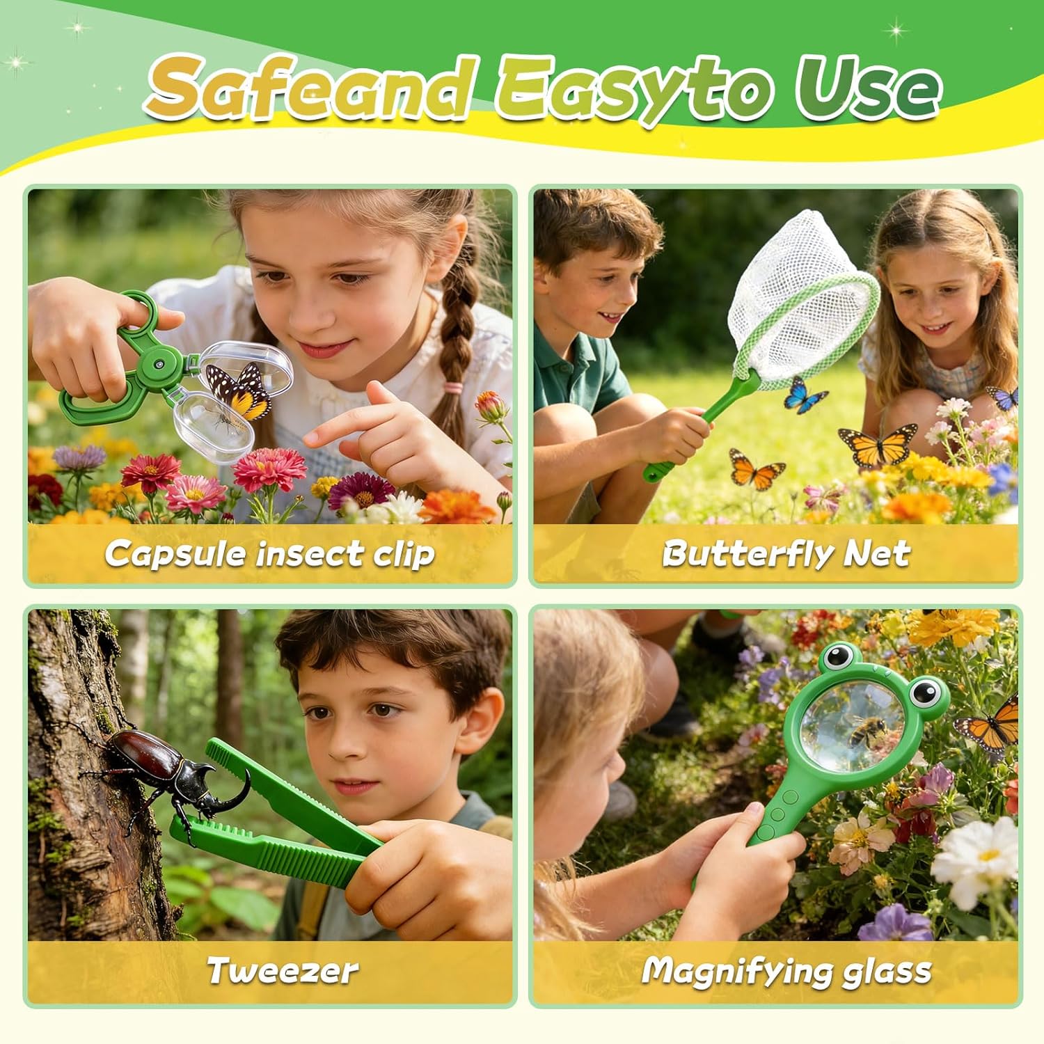 YongnKids Bug Catcher for Kids,28 Pcs Bug Catching Kit with Butterfly Net Magnifying Glass Insect Catcher Tweezers, Insects & Insect Cognition Cards,Outdoor Explorer Kit for Kids Age 3 4-8