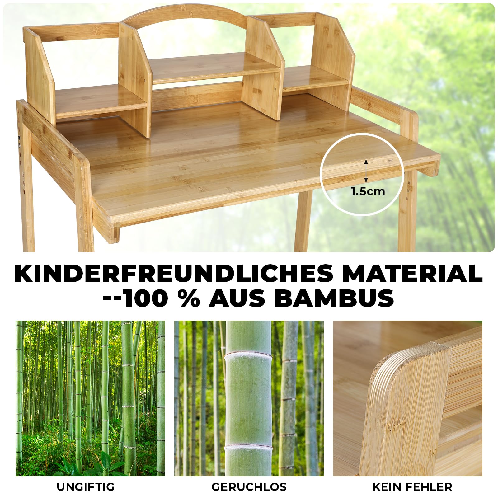 MAMIZO Kinderschreibtisch Höhenverstellbar, Kinder Schreibtisch mit Stuhl, Bambus Holz Schreibtisch, Schülerschreibtisch mit Buchhalterung Stauraum, Schreibtisch Set für Kinder, Natürliche Farbe