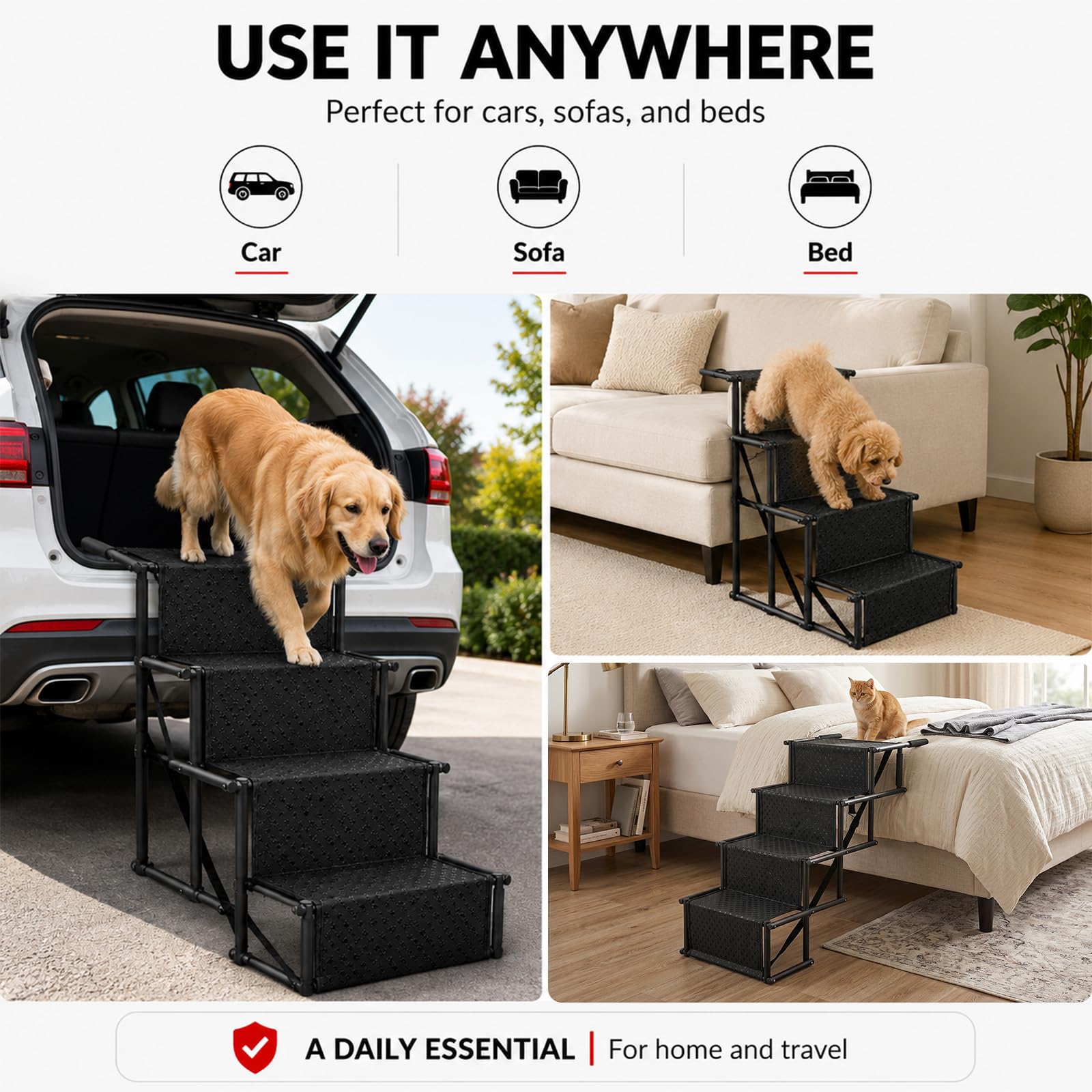 Hundetreppe Auto, Klappbar Hunderampe bis 60kg, Hunderampe Auto, Rampe Hund, Hunderampen für Große Hunde, Hundetreppen, Hundeleiter für Große & Kleine Tiere