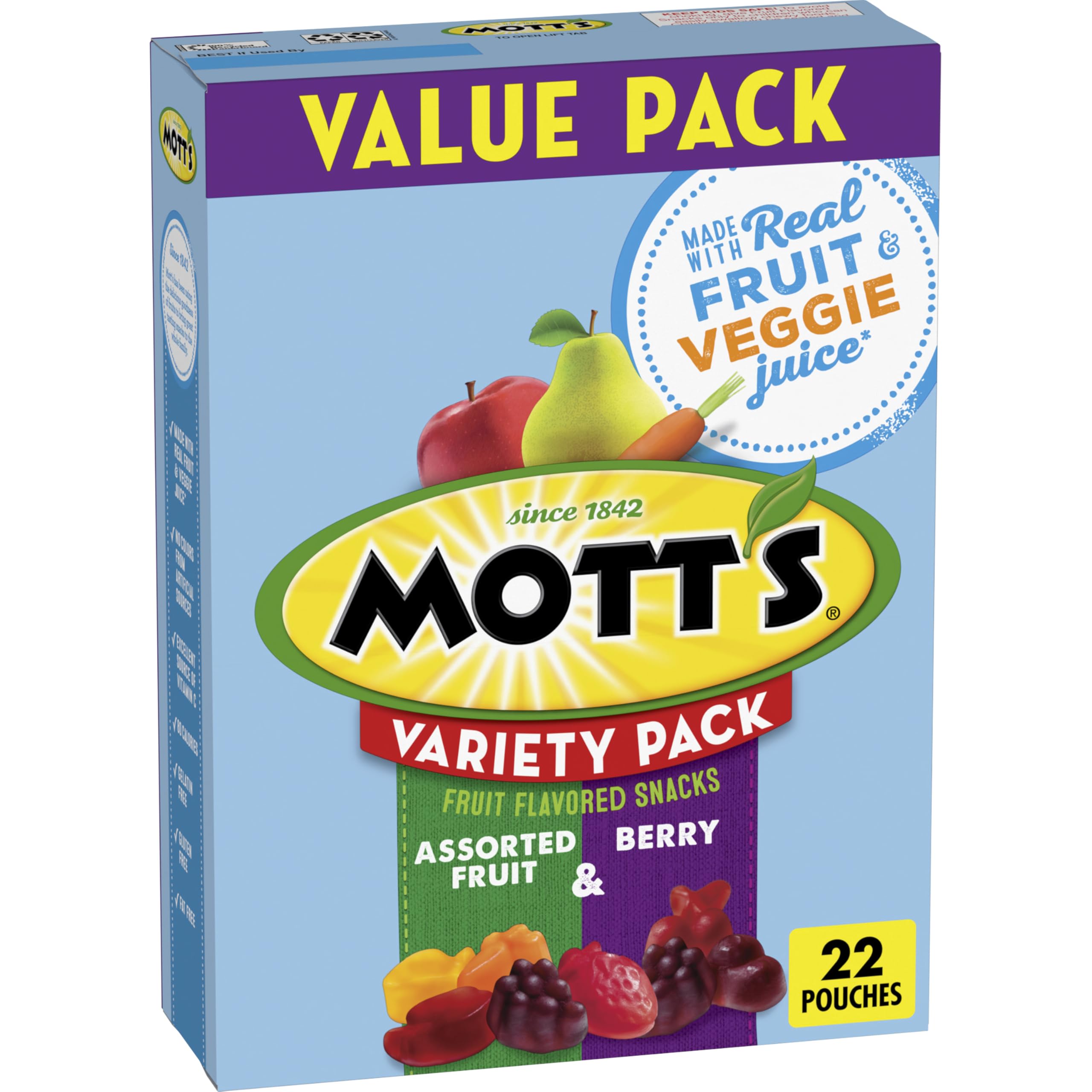 Mott's Fruit Flavored Snacks, Berry and Assorted Fruit, Gluten Free Snack, Value Pack, 22 Ct, 17.6 oz