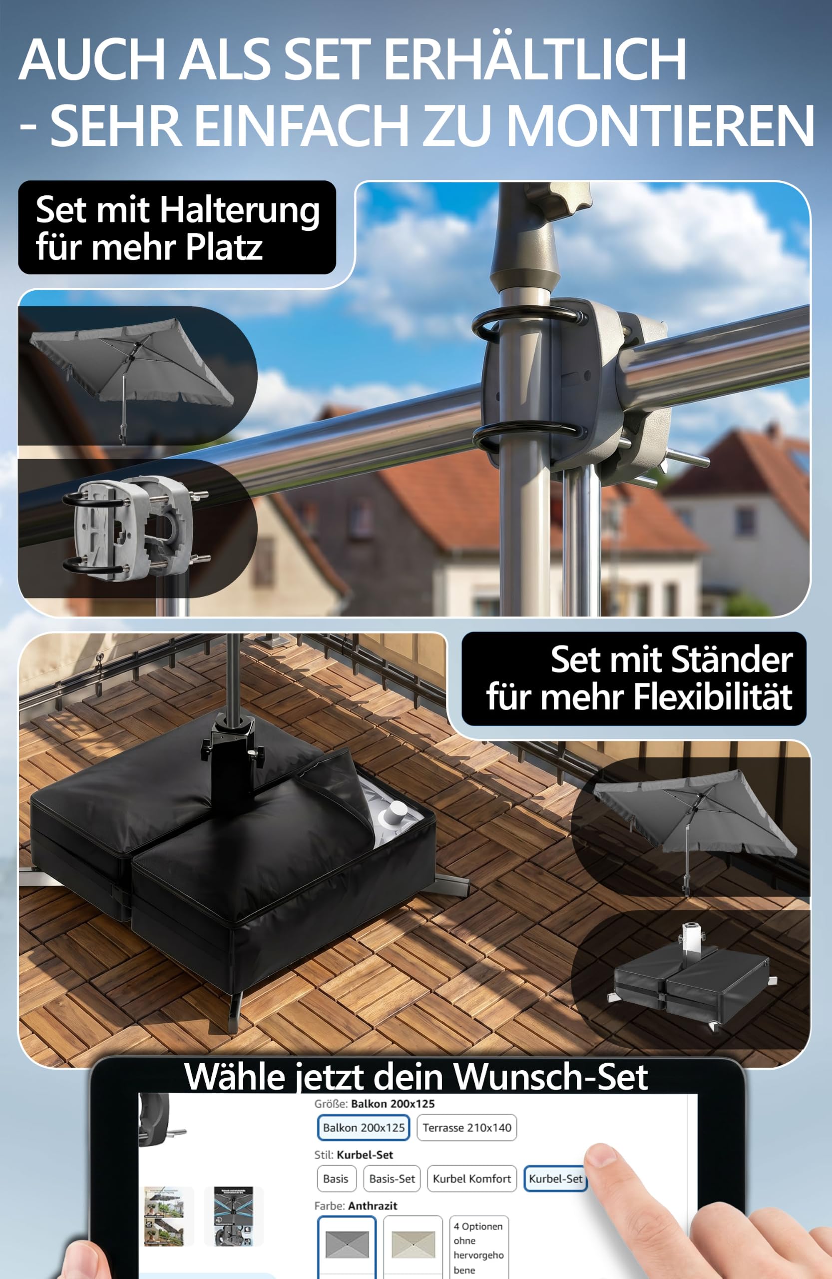 Menz Balkonschirm mit Kurbel, Sonnenschirm rechteckig 200x125 cm, Sonnenschirm Balkon, UV 50+ Sonnenschutz Balkon mit Schutzhülle mit Kurbel, knickbar und höhenverstellbar, Anthrazit