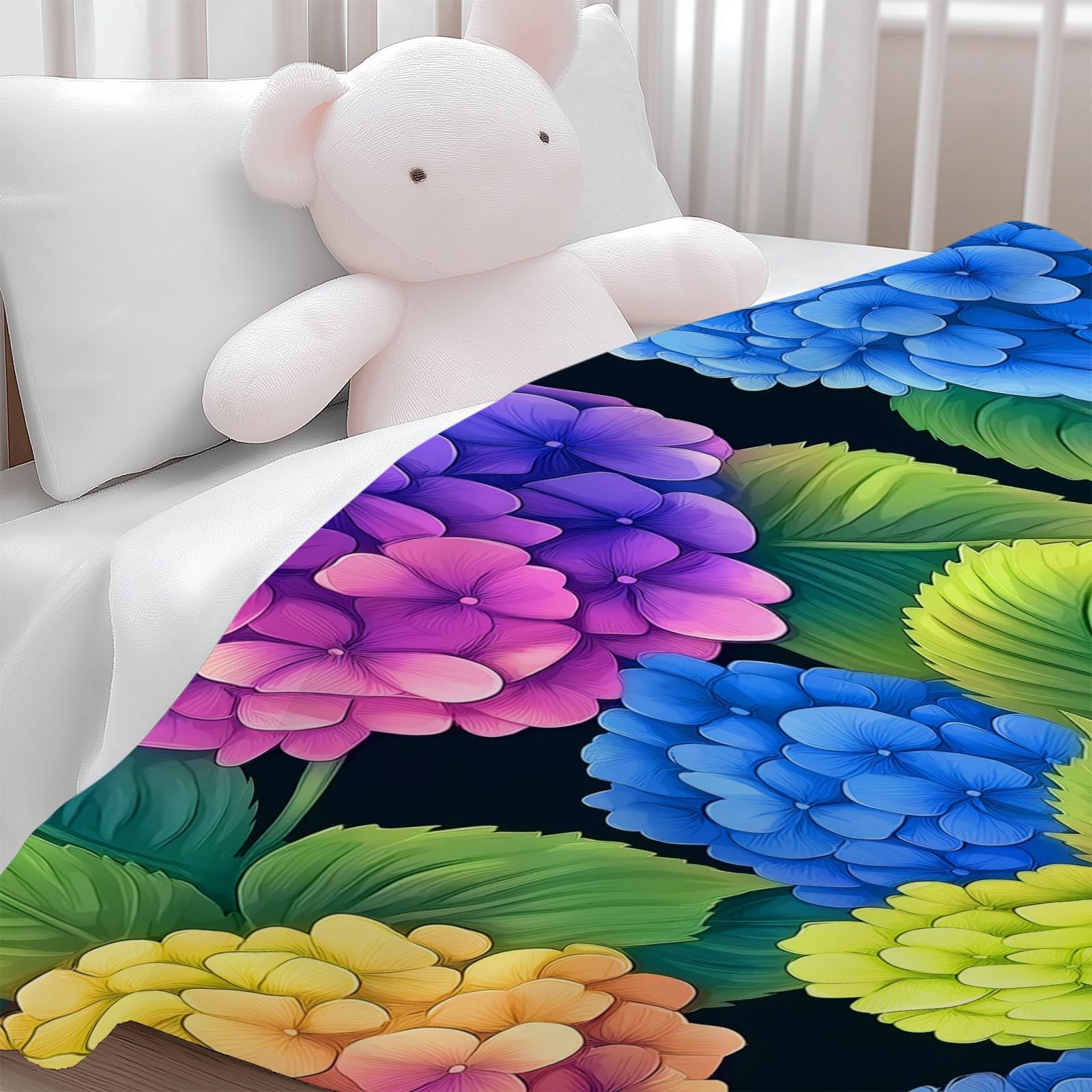 Koc Sherpa 180 x 200 cm Hortensja Rośliny w kratę Ciepły i wygodny koc Puszysty miękki kolor, dwustronny, przyjazny alergikom, na krzesło sofa łóżko biurowe