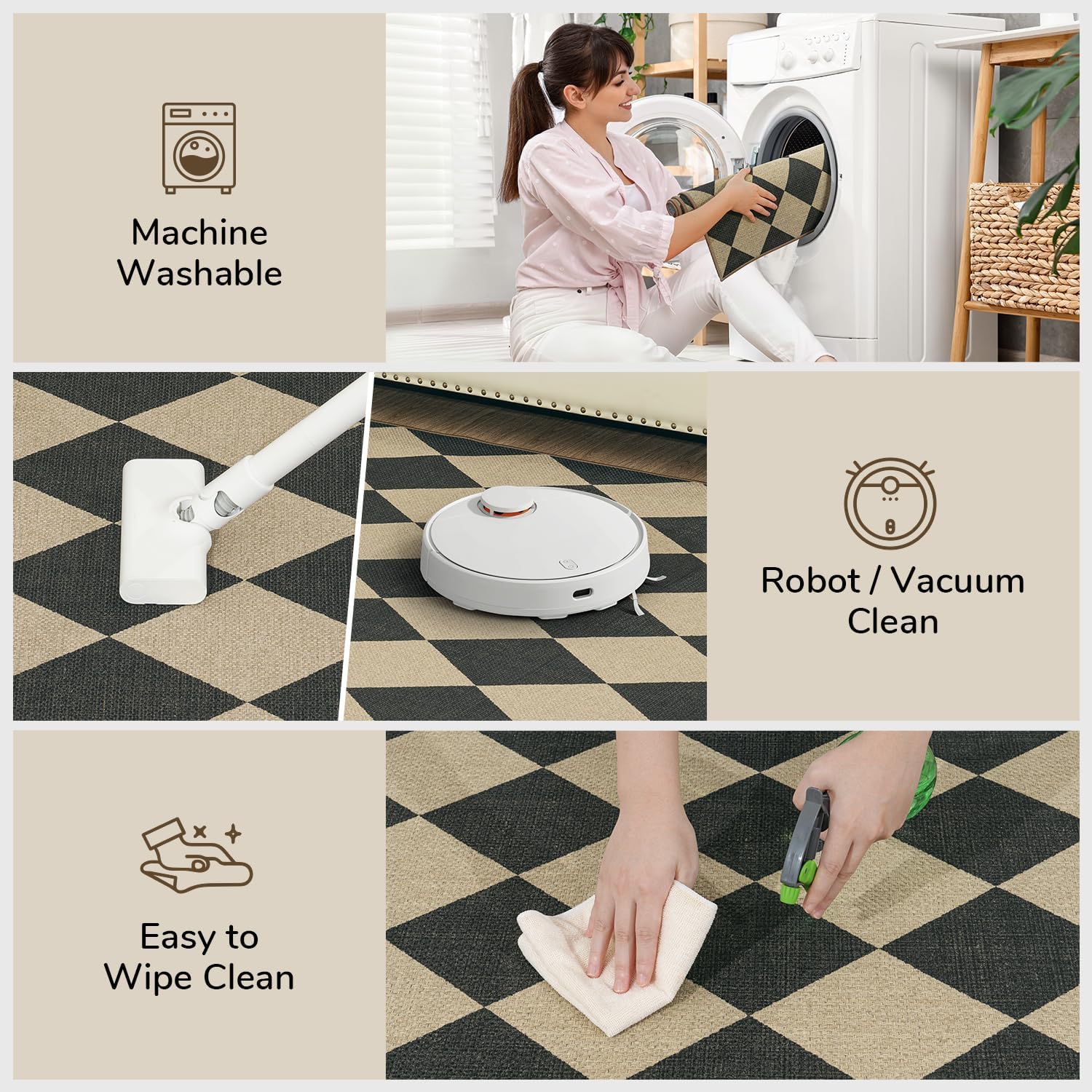 Lessymo Kitchen Runner Rug 2x6, Checkered Jute Rug Washable Non Slip for Entryway Hallway, Farmhouse Diamond Bedside Rugs Indoor Outdoor Carpets for Patio Porch, Black/Beige - Image 8