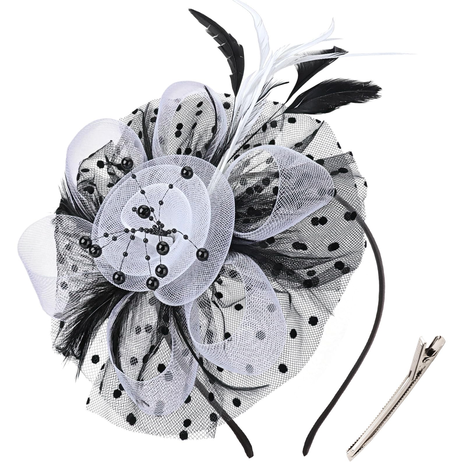 DRESHOW Fascinators Hat Flower Mesh Ribbons Feathers on a Headband and a Clip Tea Party Headwear for Girls and Women
