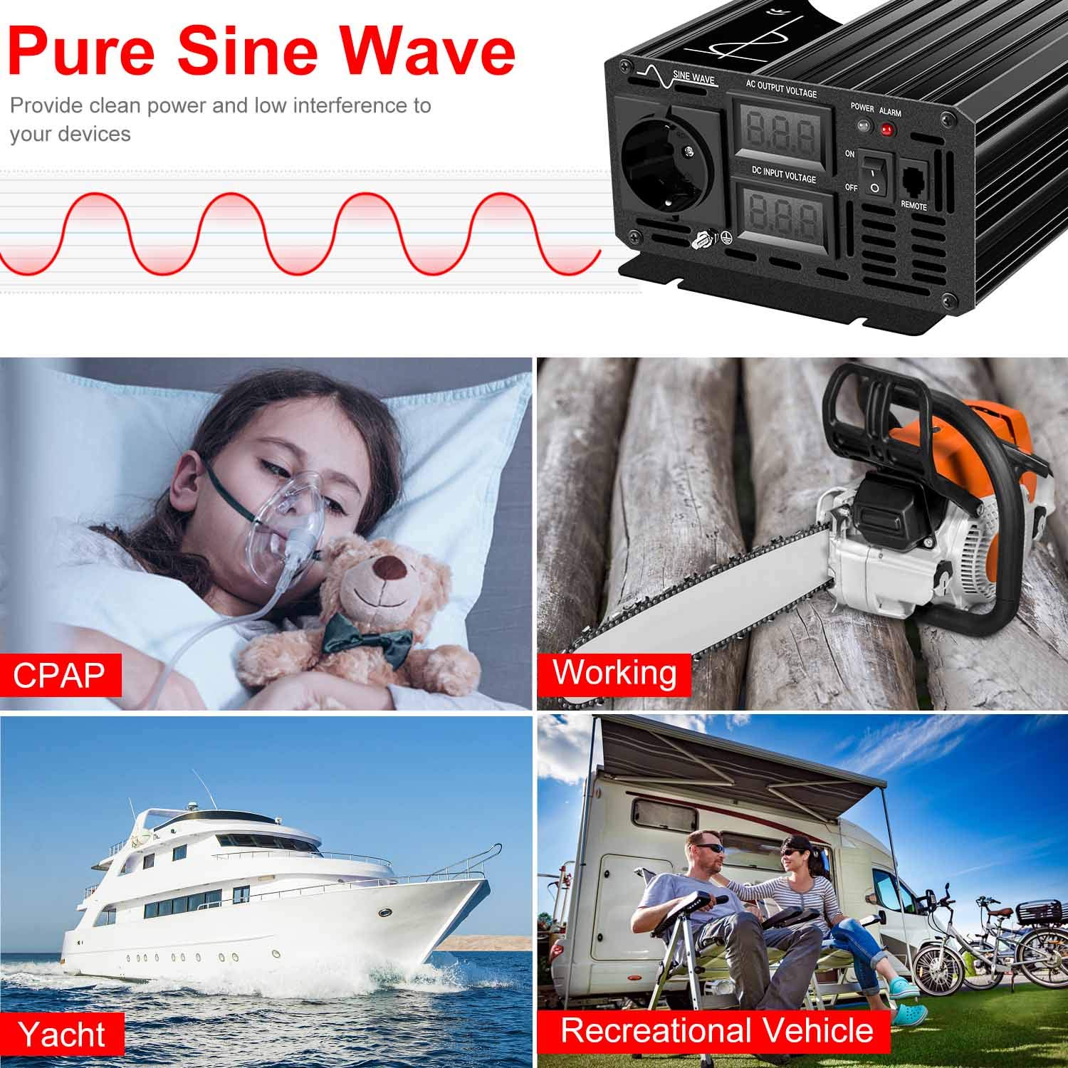 CNSWIPOWER 1500W (picco 3000W) Inverter di potenza a onda sinusoidale pura DC a AC 230V 50Hz convertitore solare per uso domestico auto (DC 24V (Gamma 20V-30V) 1500W)