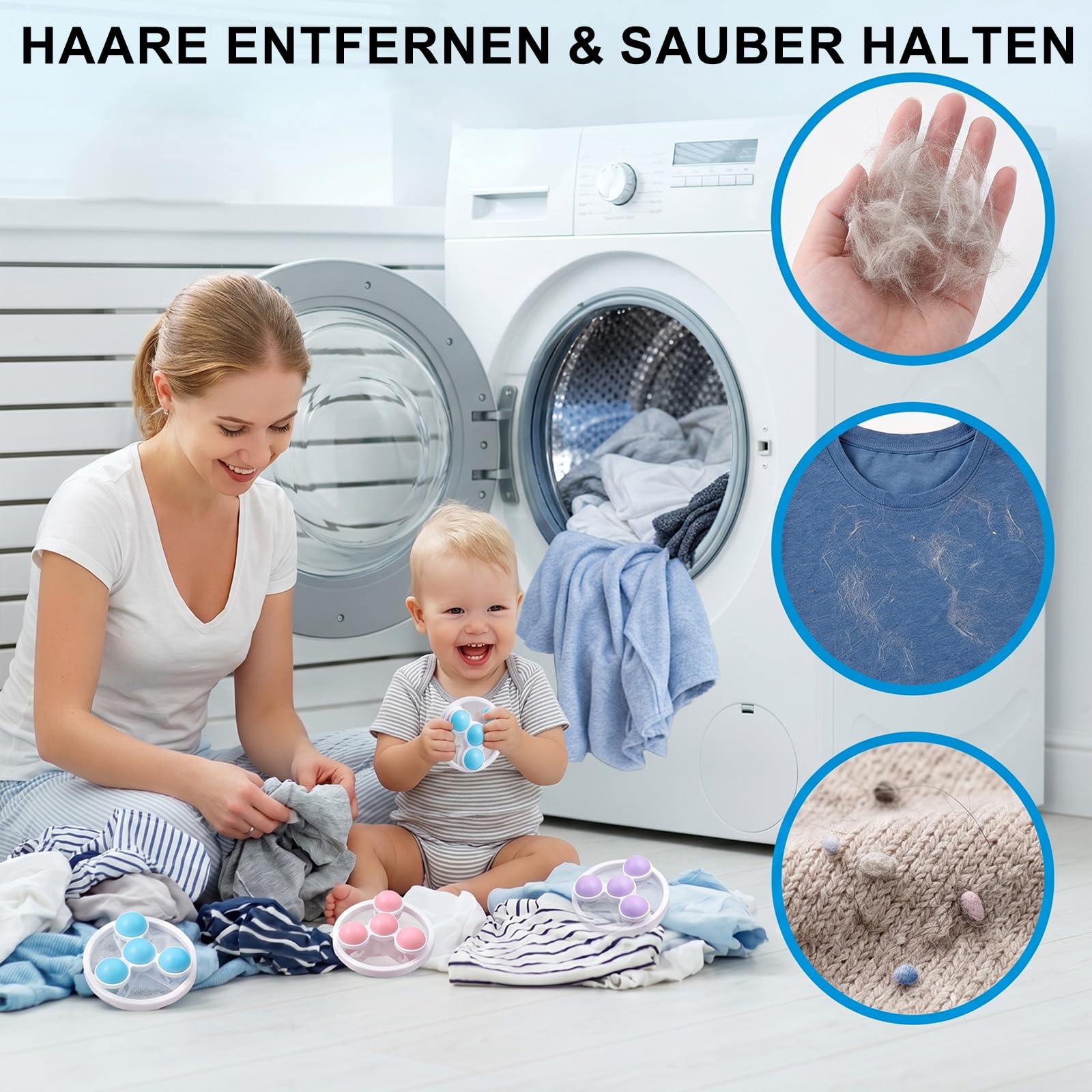 6 Stück Tierhaarentferner Waschmaschine, Wiederverwendbarer Flusenfänger Waschmaschinek, Katzenhaarentferner Waschmaschine Entfernt Hunde- & Katzenhaare