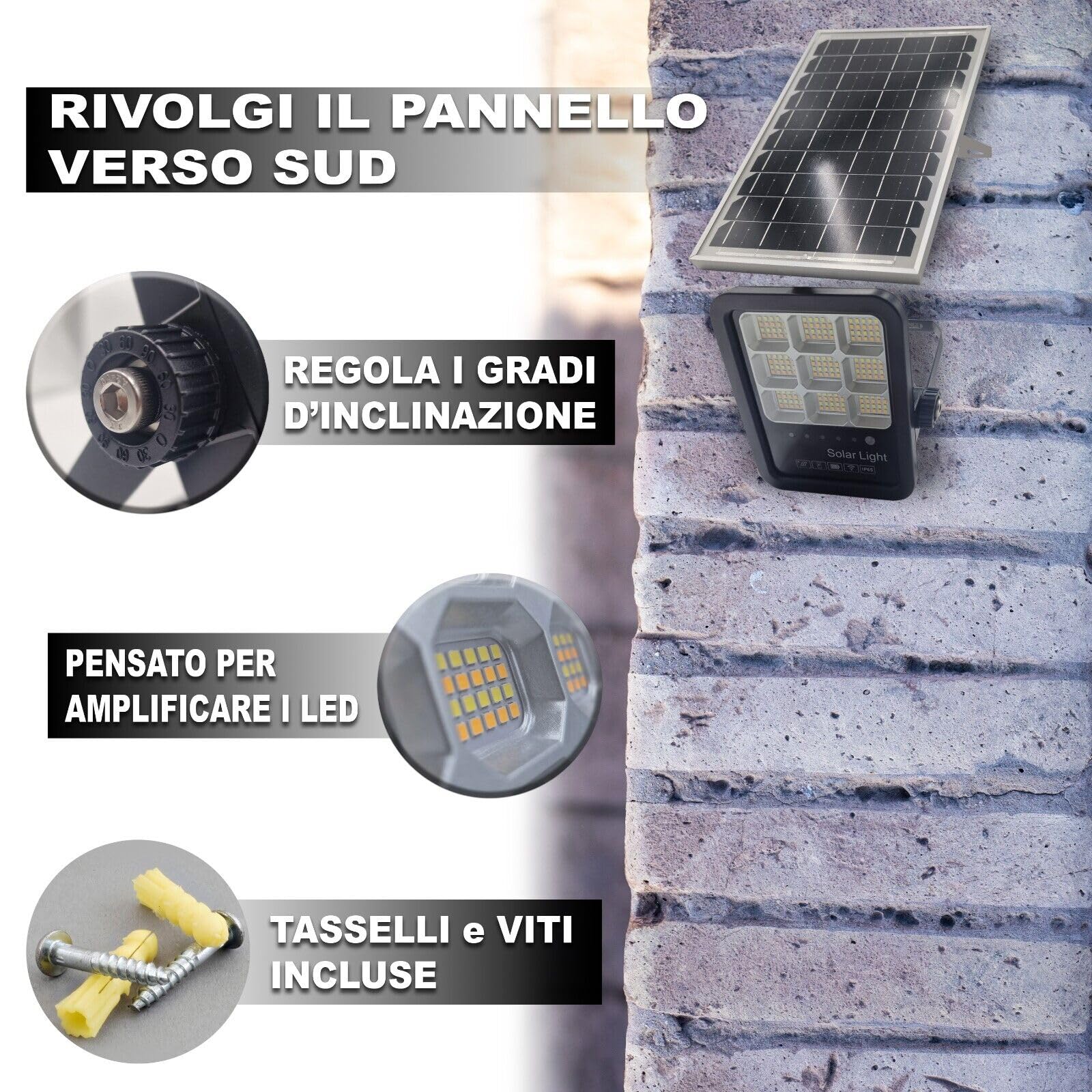 Faro Solare da Esterno 100W con Pannello Solare Monocristallino Led Esterno Impermeabile IP67 336 Macro Leds Faro Luce Fredda 6500K 10 Ore Autonomia Sensore Crepuscolare Supporti (U)