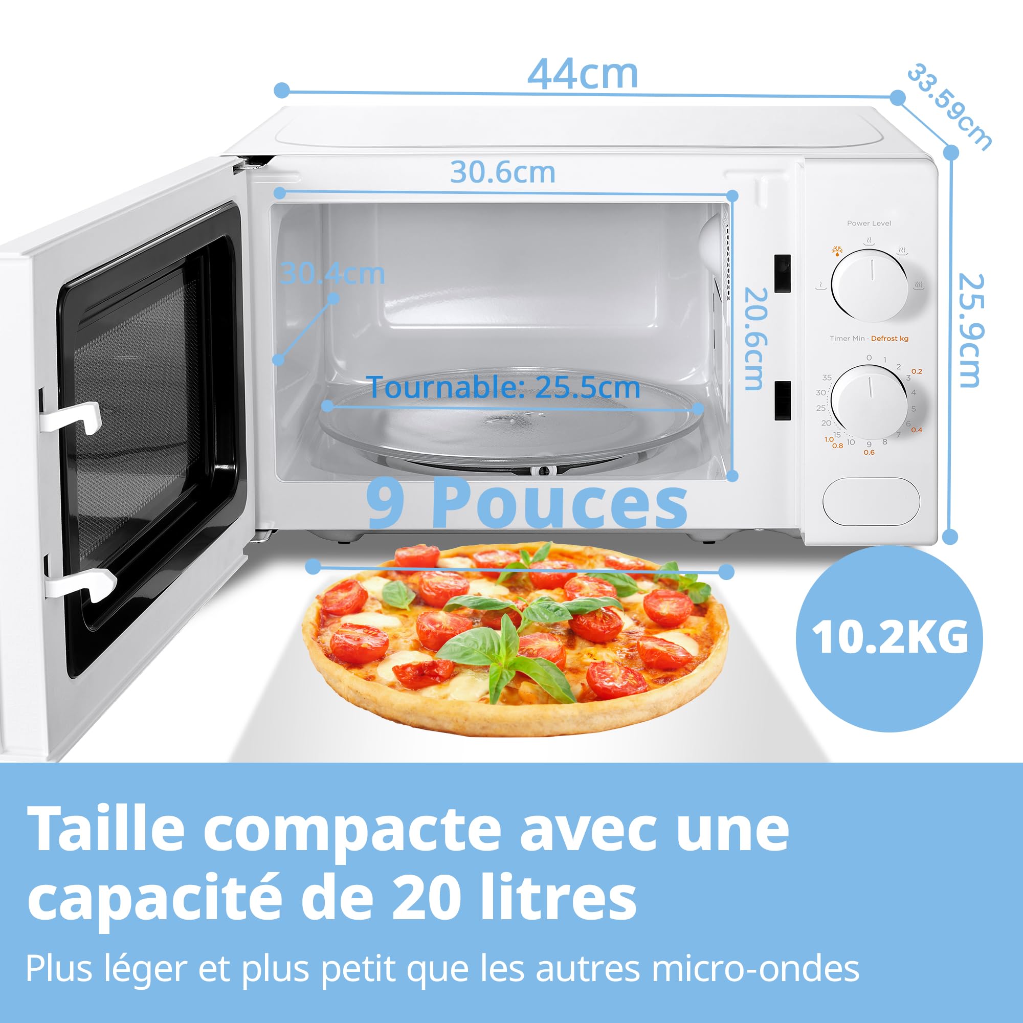 Comfee' CM-M202CC(WH) Four à micro-ondes compact avec la capacité de 20 litres, 700 W avec Commande manuelle, Convenable pour petites cuisines, 5 niveaux de puissance, Dége rapide, Blanc