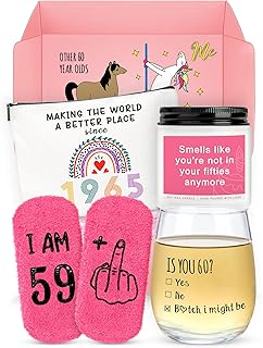 60th Birthday Gifts for Women Funny 60 Year Old Birthday Gifts for Women Turning 60 Gift for Woman Happy 60th Bday Decorations for Woman Mom Her - Wine Glass Makeup Bag Candle Socks