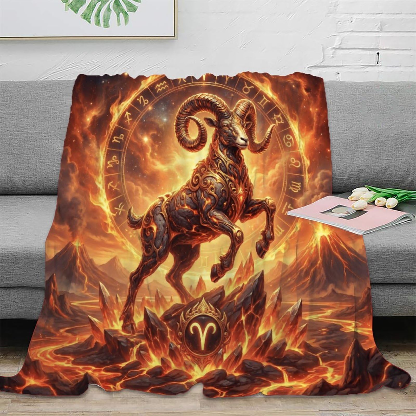 W7C8U2X3 Aries Zodiac Flame Ram for Flannel Throw Blanket, Travel Bed Couch