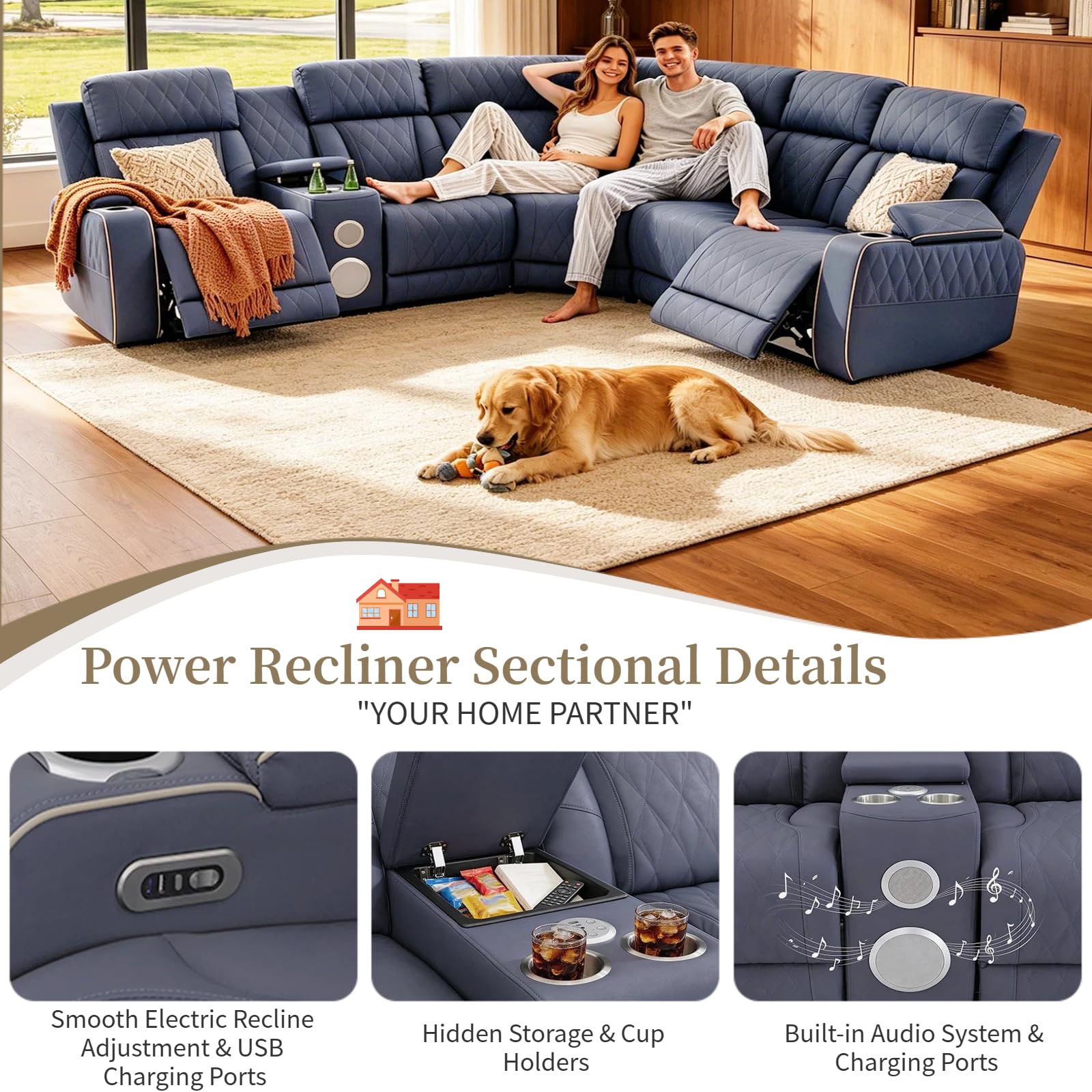 Power Reclining Sectional Sofa Set with Speakers, L-Shaped Sanded Leather Recliner Sectional Couch with USB Ports, Cup Holders & Storage, Luxury Living Room Furniture Set for Home and Office view 4