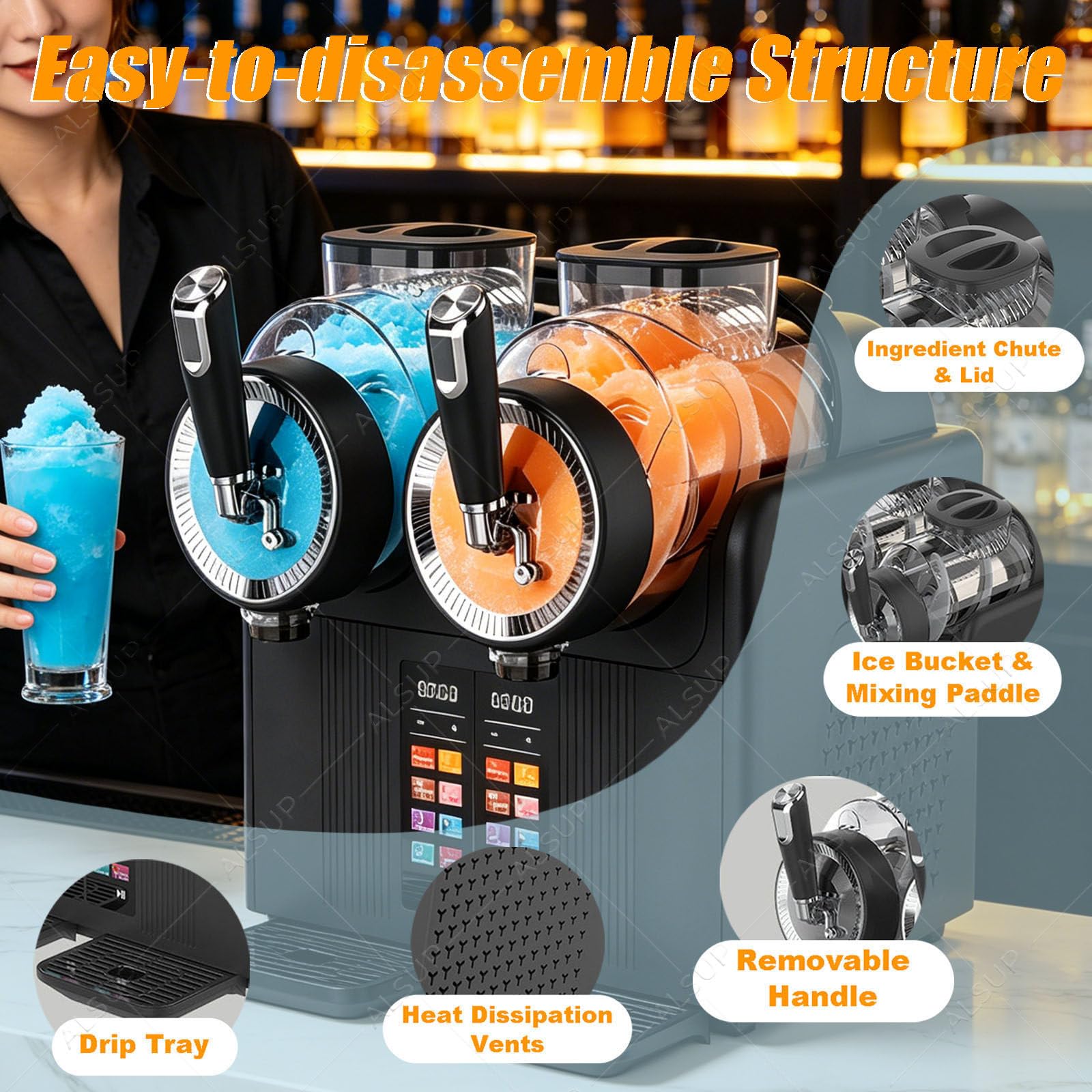 Macchina Per Granite Professionale 2x2L, Granitore Per Bevande Ghiacciate Con Doppia Testa, 7 Modalità Automatiche, Display Touch Screen, Senza Ghiaccio, Per Bar, Ristoranti, Eventi E Feste Black