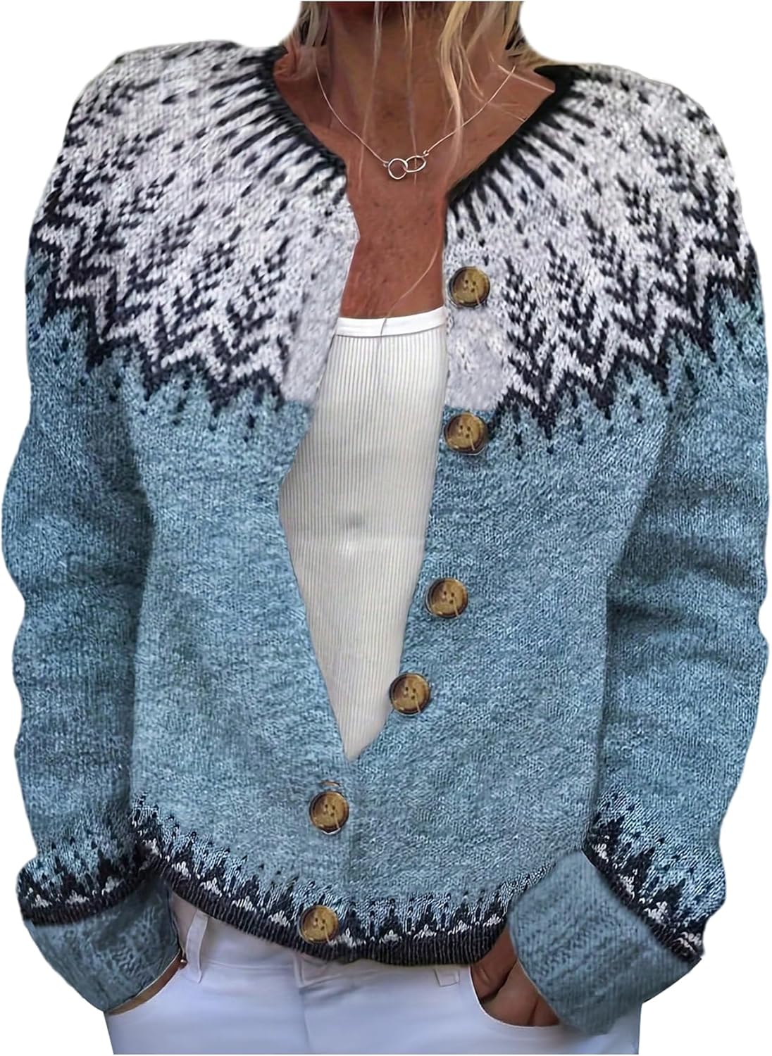 GORGLITTER Women's Fair Isle Cardigan Vintage Button Knitted Jacket Colorful Open Front Boho Sweater
