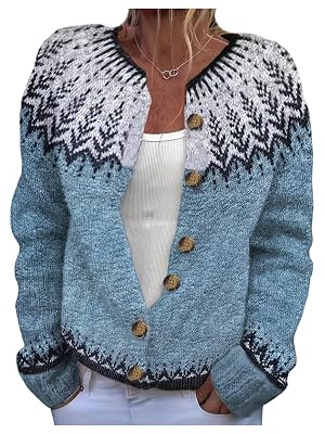 GORGLITTER Womens Fair Isle Cardigan Vintage Button Knitted Jacket Colorful Open Front Boho Sweater