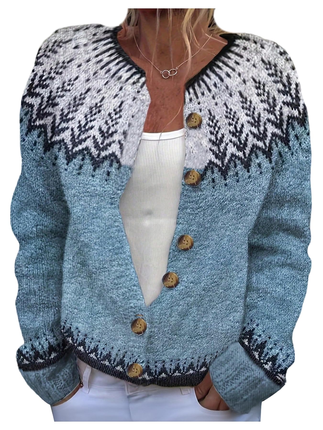 GORGLITTER Womens Fair Isle Cardigan Vintage Button Knitted Jacket Colorful Open Front Boho Sweater