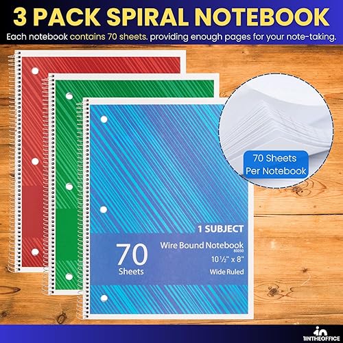 Miniatura 8 de 1InTheOffice Cuaderno de espiral con rayas universitarias, cuaderno de espiral de un tema, cuaderno encuadernado en espiral, 10.5 x 8 pulgadas, 3